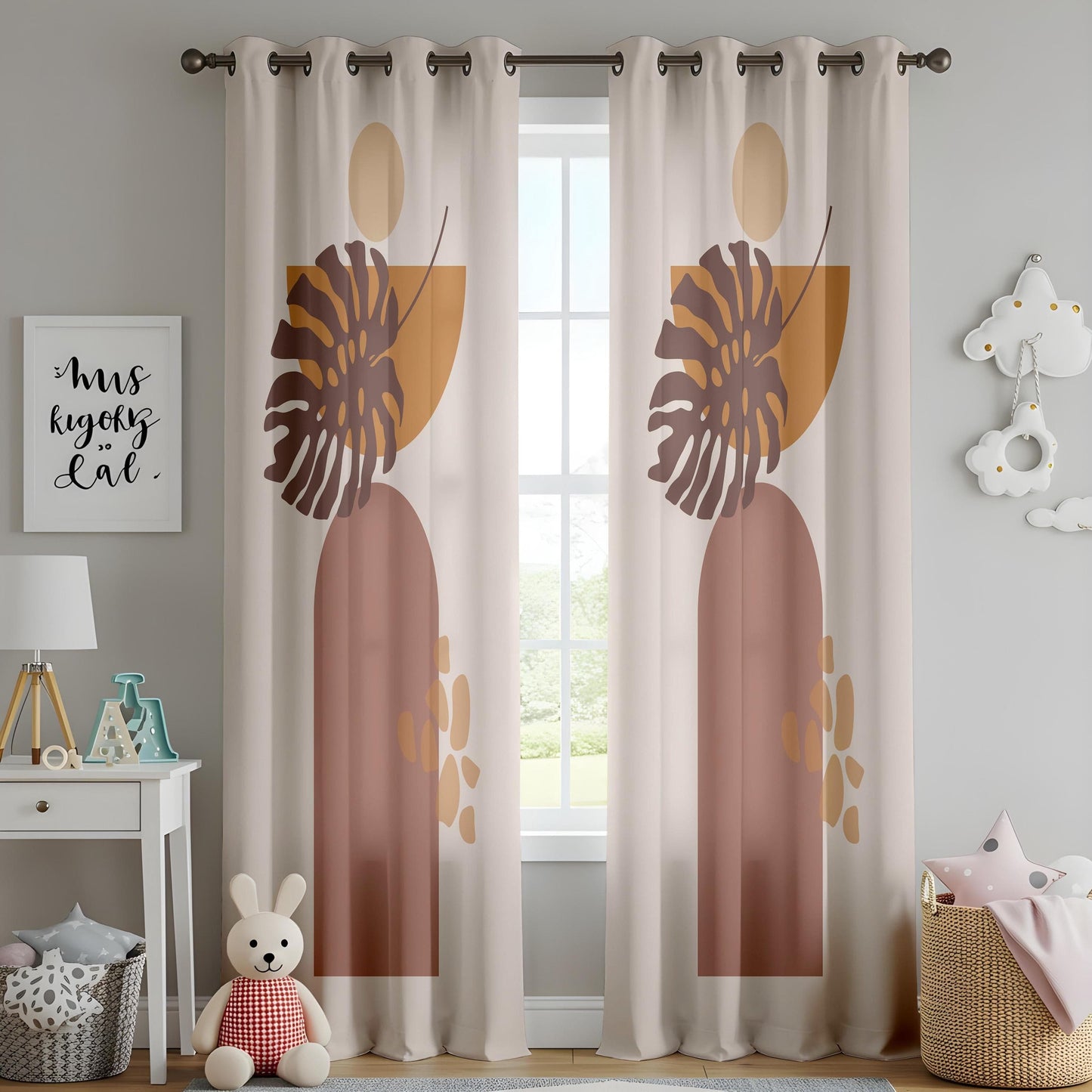 Onay Boho Abstract Monstera Curtains – Earth Tone Geometric Drapes