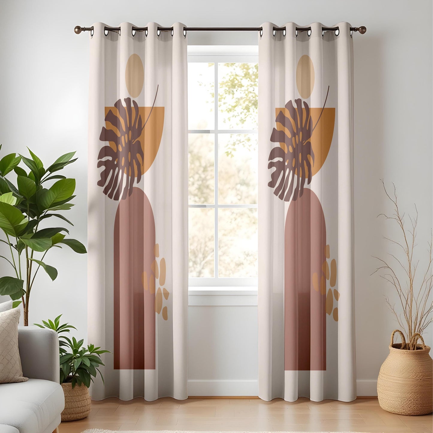 Onay Boho Abstract Monstera Curtains – Earth Tone Geometric Drapes