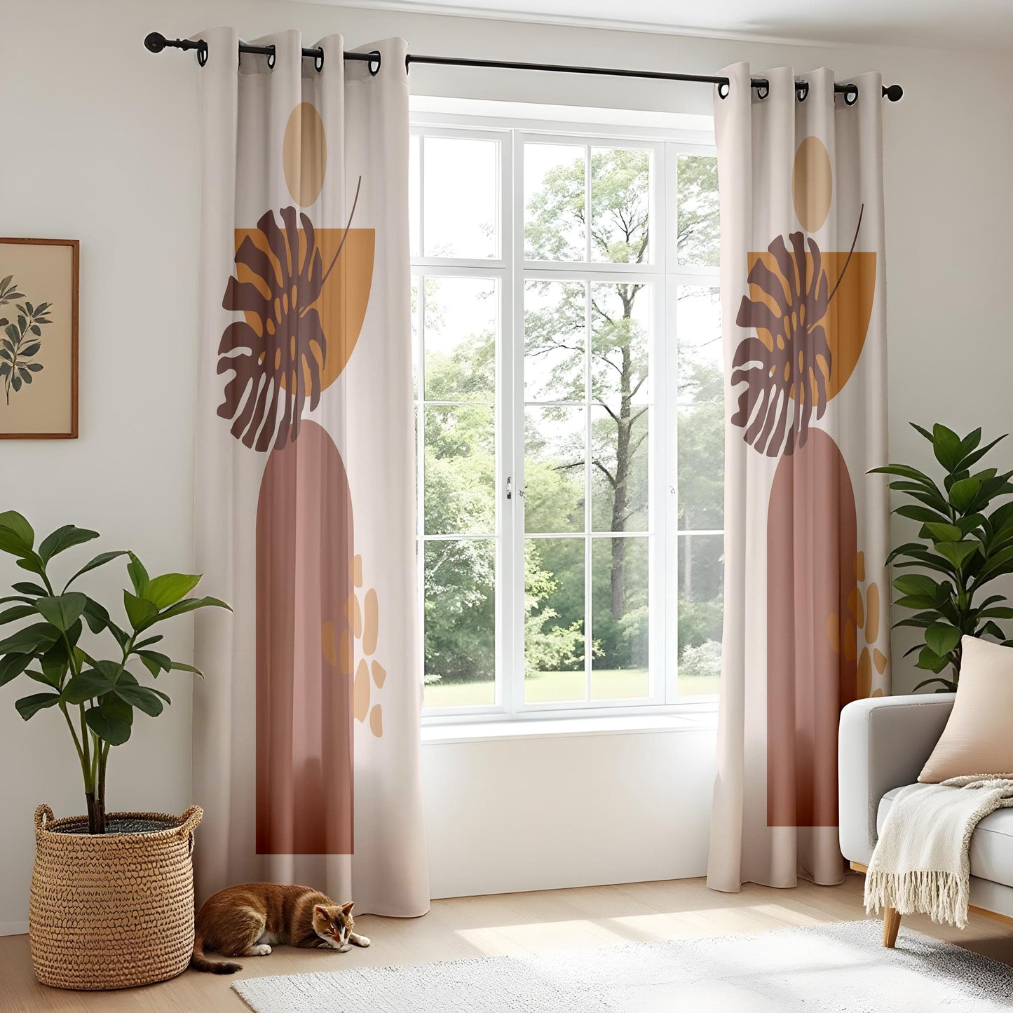 Onay Boho Abstract Monstera Curtains – Earth Tone Geometric Drapes