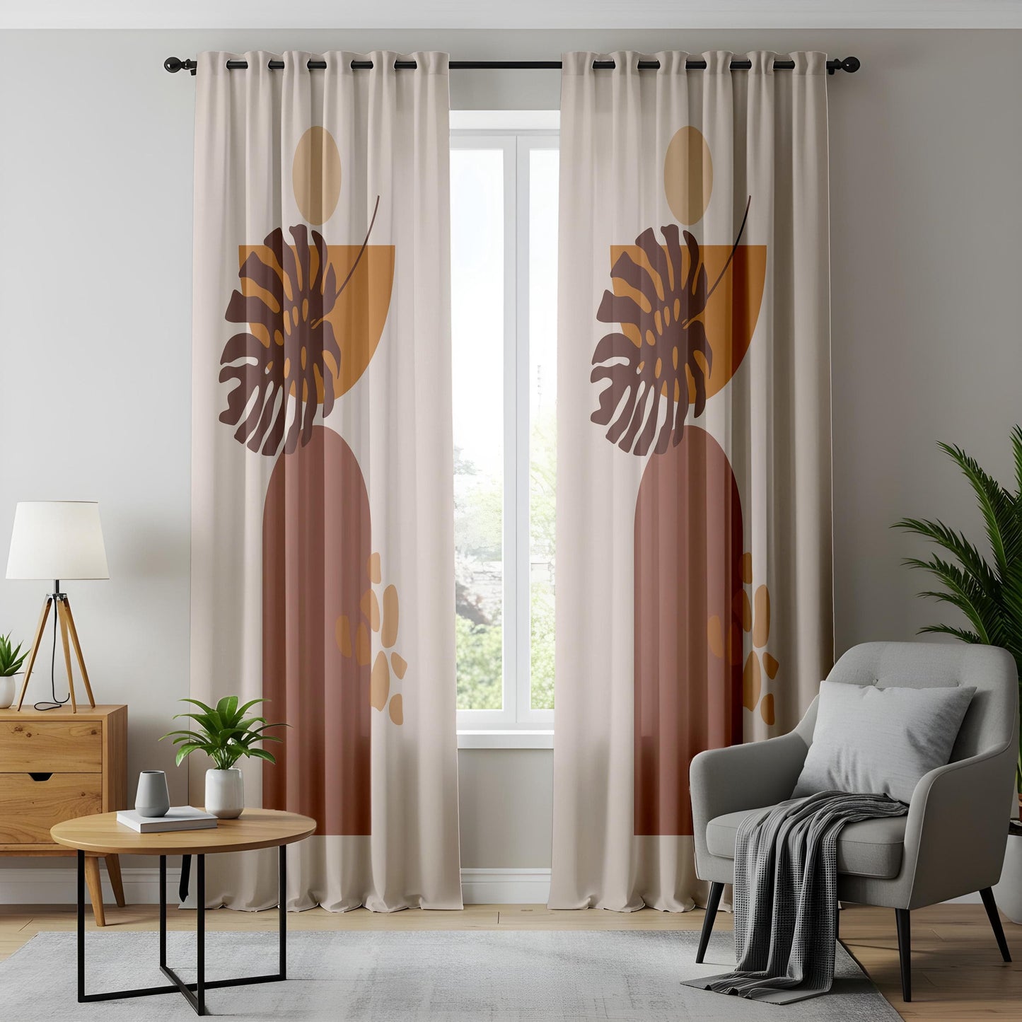 Onay Boho Abstract Monstera Curtains – Earth Tone Geometric Drapes