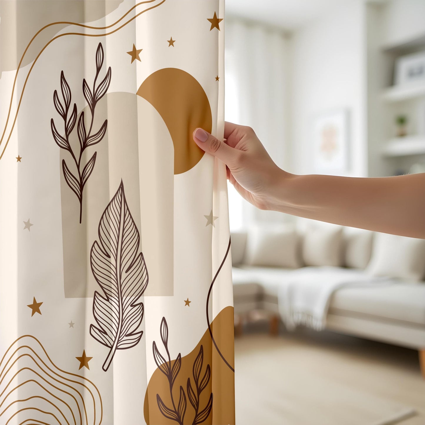 Onay Boho Botanical Leaf Curtains – Earth Tone Drapes for Modern Nature-Inspired Interiors
