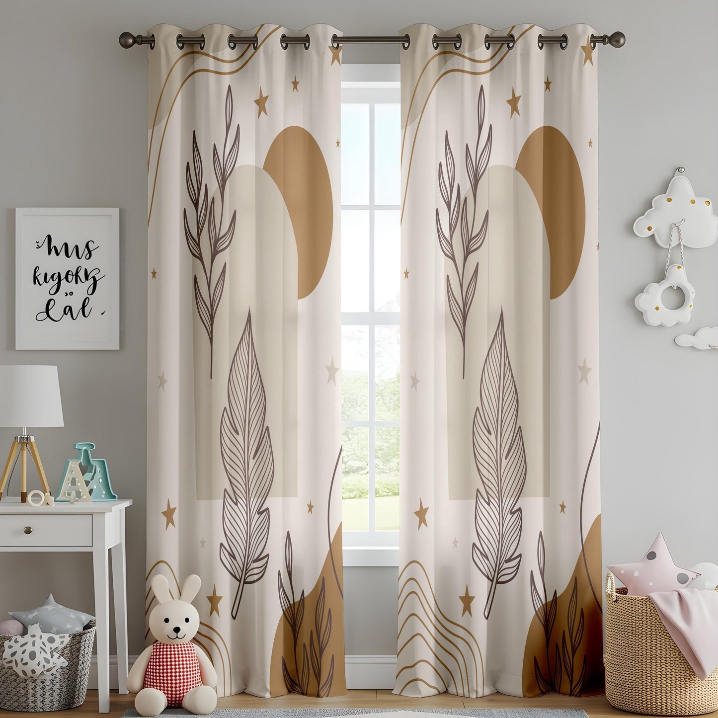 Onay Boho Botanical Leaf Curtains – Earth Tone Drapes for Modern Nature-Inspired Interiors