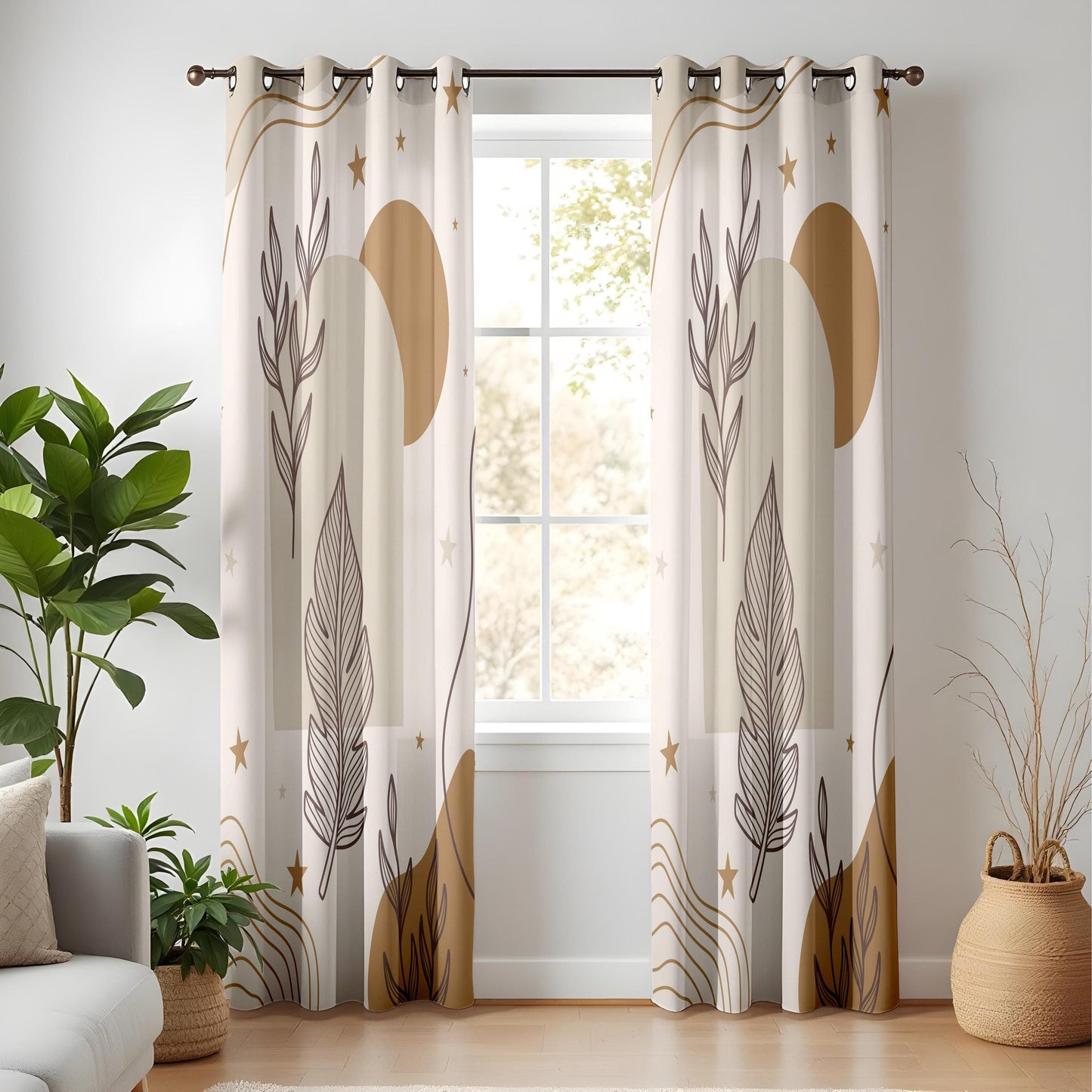 Onay Boho Botanical Leaf Curtains – Earth Tone Drapes for Modern Nature-Inspired Interiors
