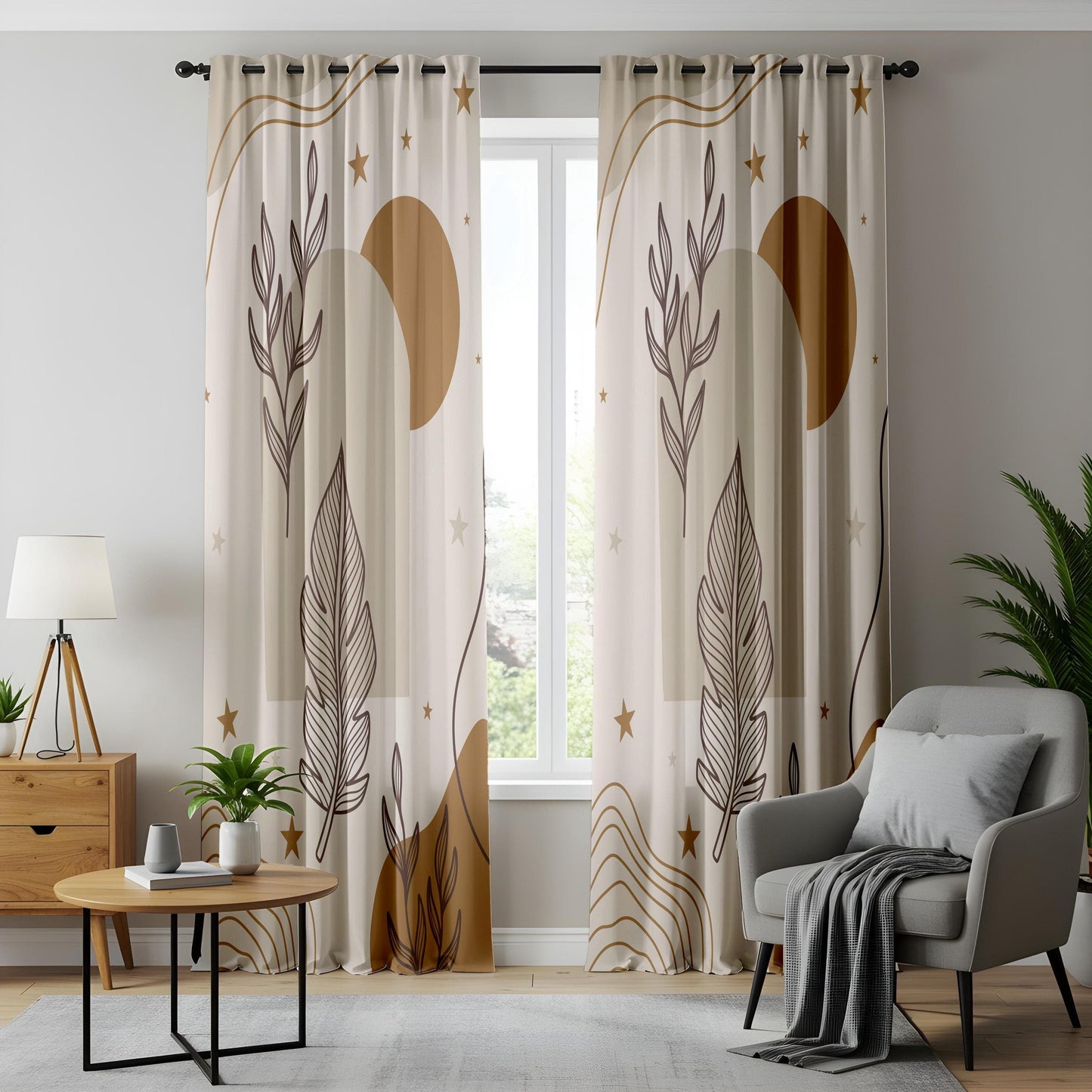 Onay Boho Botanical Leaf Curtains – Earth Tone Drapes for Modern Nature-Inspired Interiors