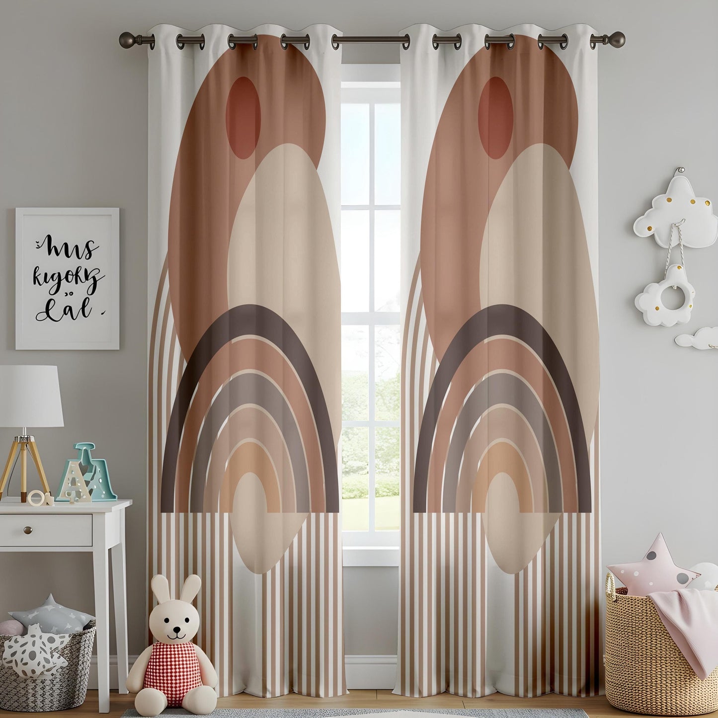 Onay Boho Geometric Abstract Curtains – Earth Tone Rainbow Drapes for Modern Scandinavian Décor