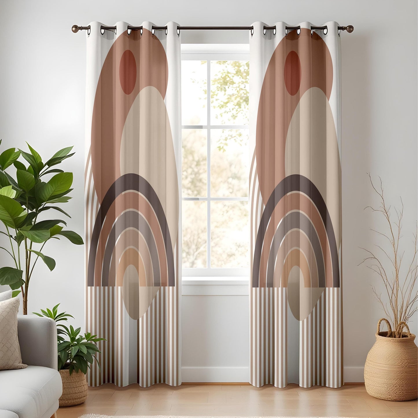 Onay Boho Geometric Abstract Curtains – Earth Tone Rainbow Drapes for Modern Scandinavian Décor