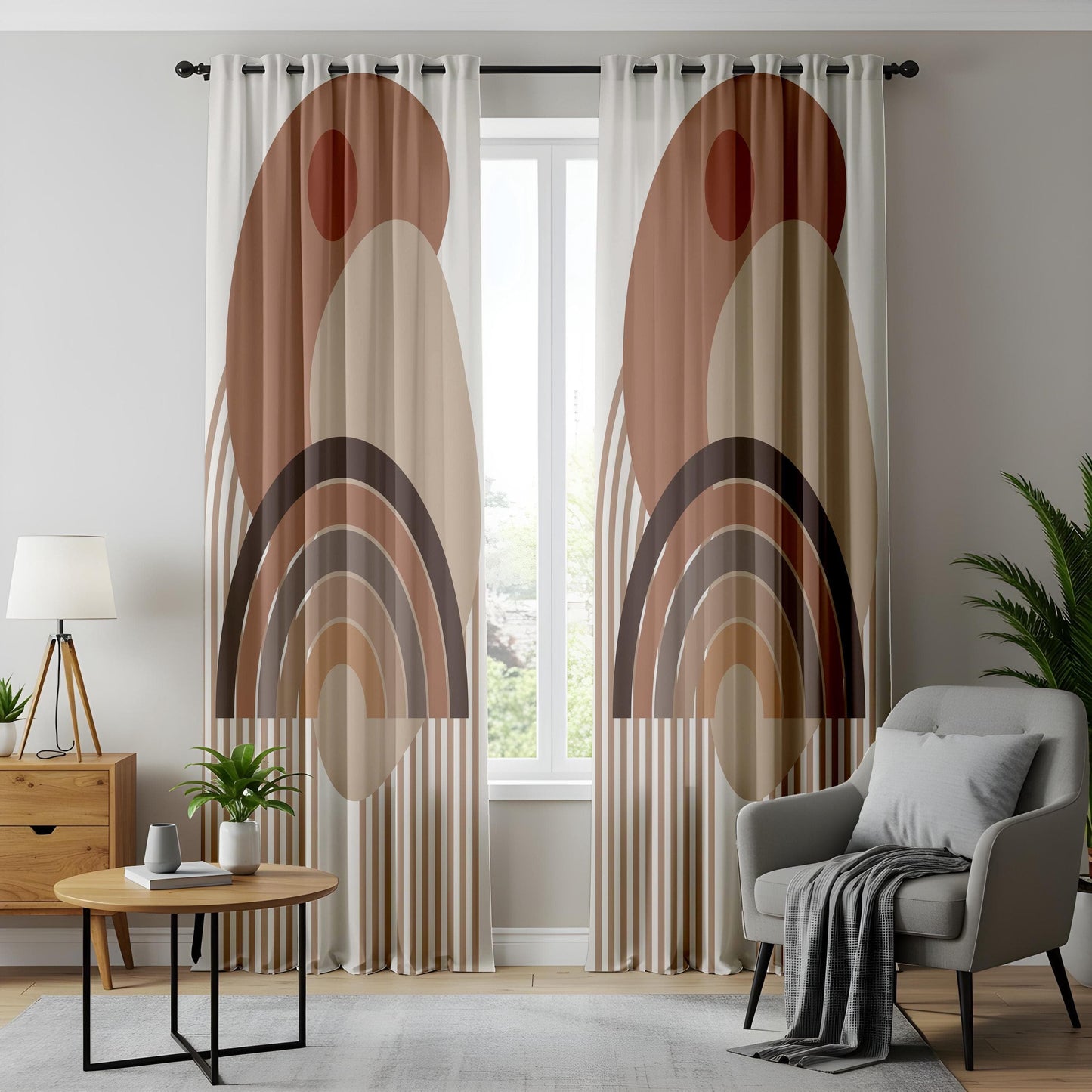 Onay Boho Geometric Abstract Curtains – Earth Tone Rainbow Drapes for Modern Scandinavian Décor