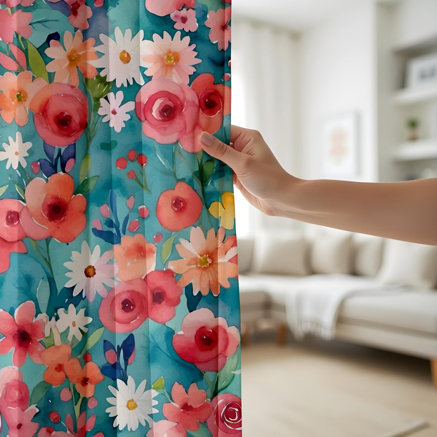 Onay Boho Pastel Floral Window Curtains, Pink Daisy Watercolor Drapes