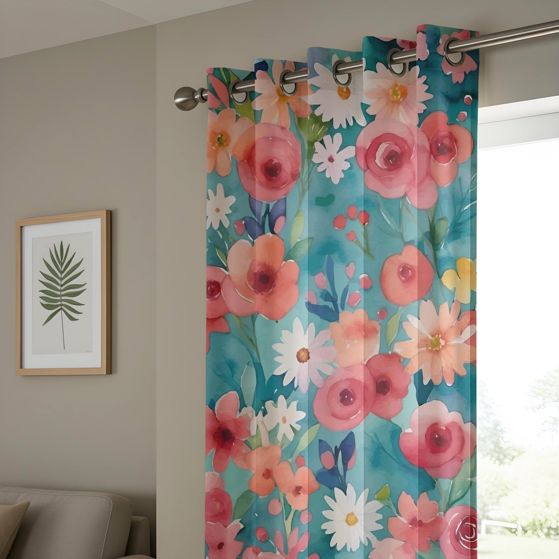 Onay Boho Pastel Floral Window Curtains, Pink Daisy Watercolor Drapes