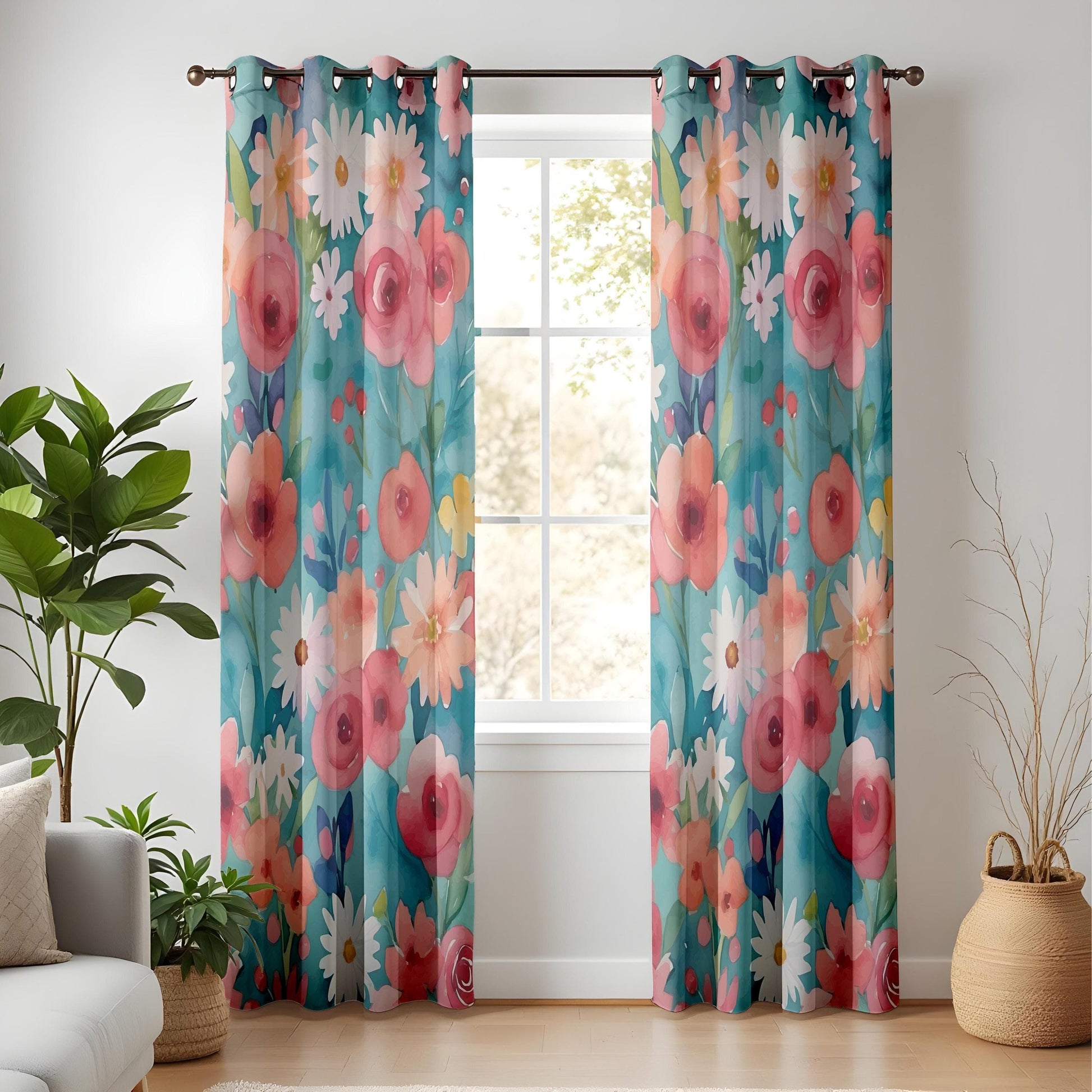 Onay Boho Pastel Floral Window Curtains, Pink Daisy Watercolor Drapes