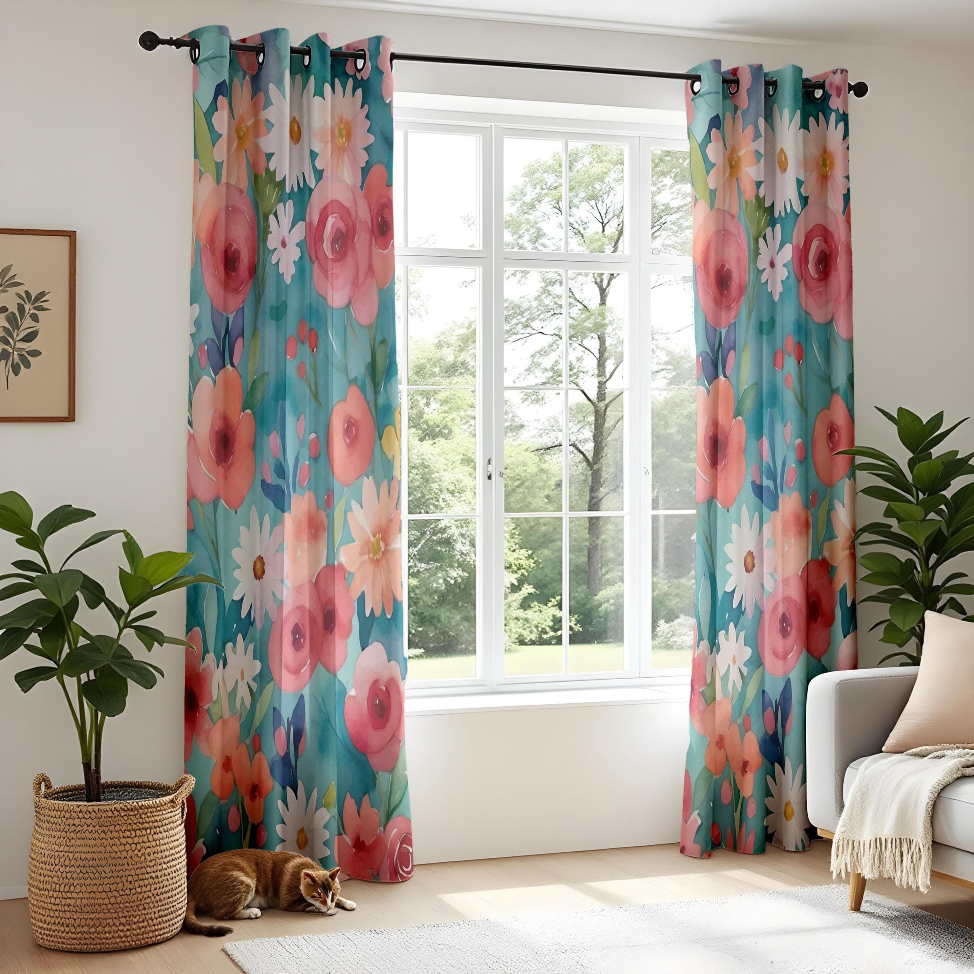 Onay Boho Pastel Floral Window Curtains, Pink Daisy Watercolor Drapes