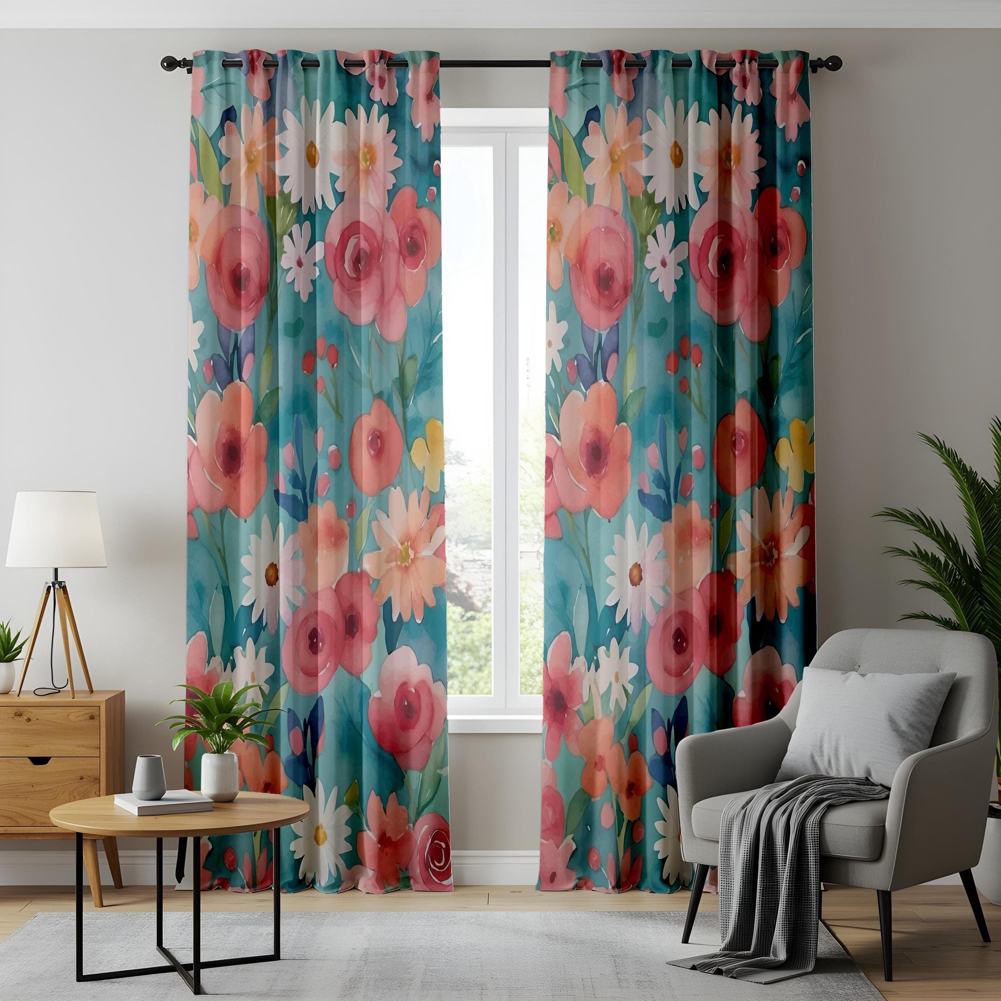 Onay Boho Pastel Floral Window Curtains, Pink Daisy Watercolor Drapes