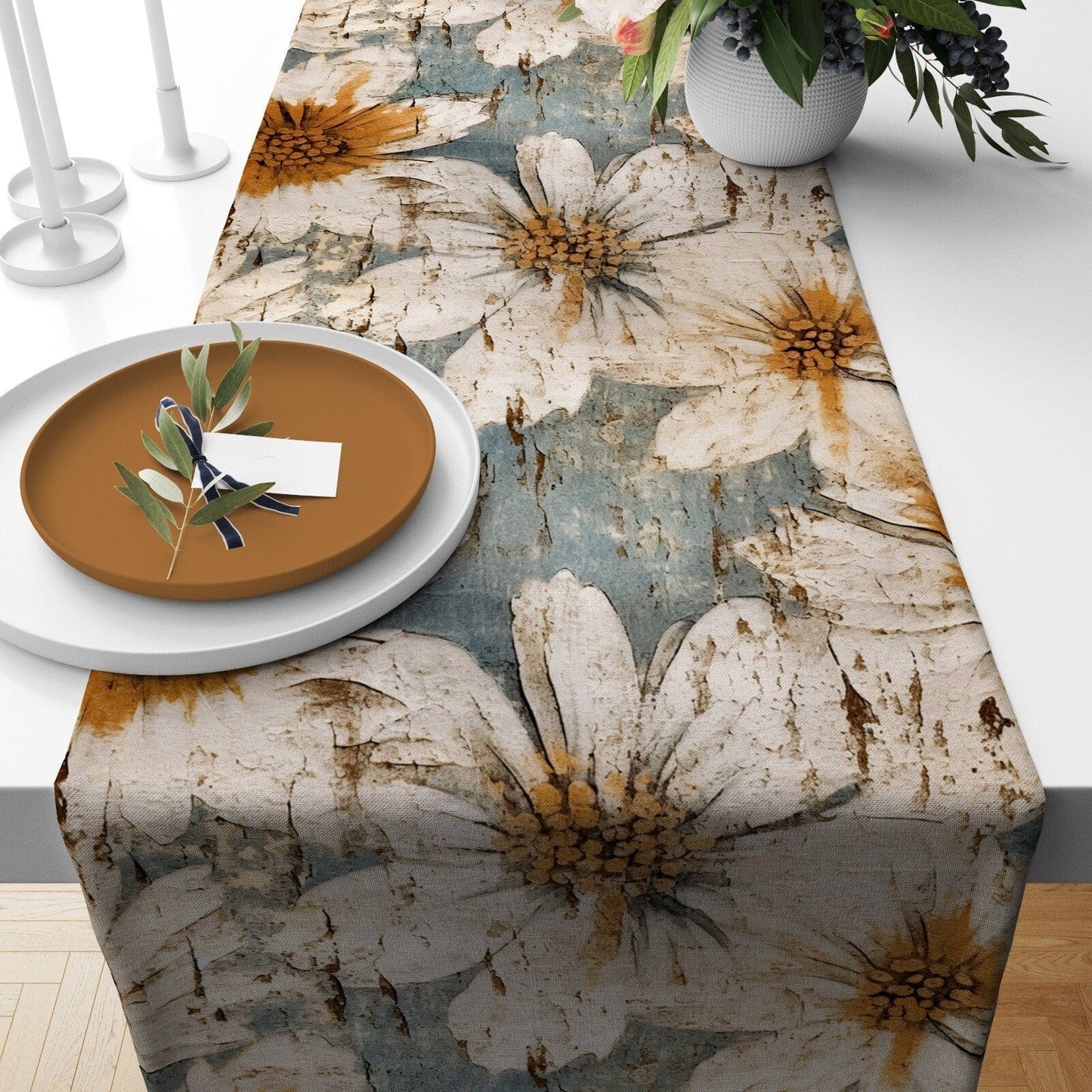 Onay Home Textile table runner 4 / 12 x 46 inch (30 x 120 cm) Boho Pink Flowers Table Runner Bloomy Spring Tablecloths