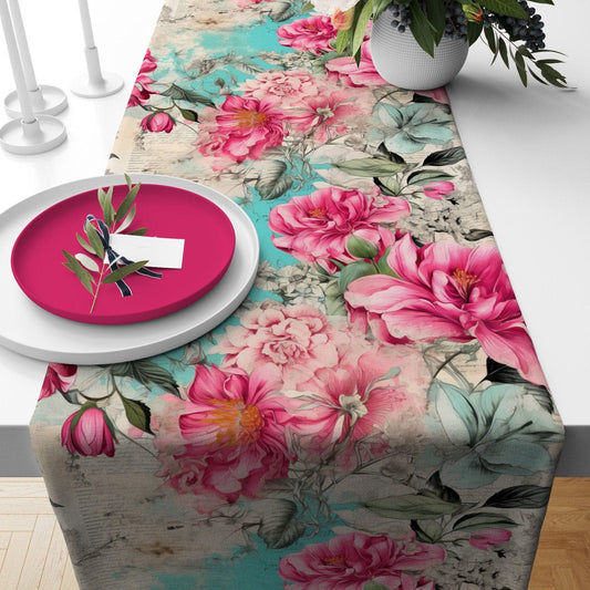 Onay Home Textile table runner 1 / 12 x 46 inch (30 x 120 cm) Boho Pink Flowers Table Runner Bloomy Spring Tablecloths