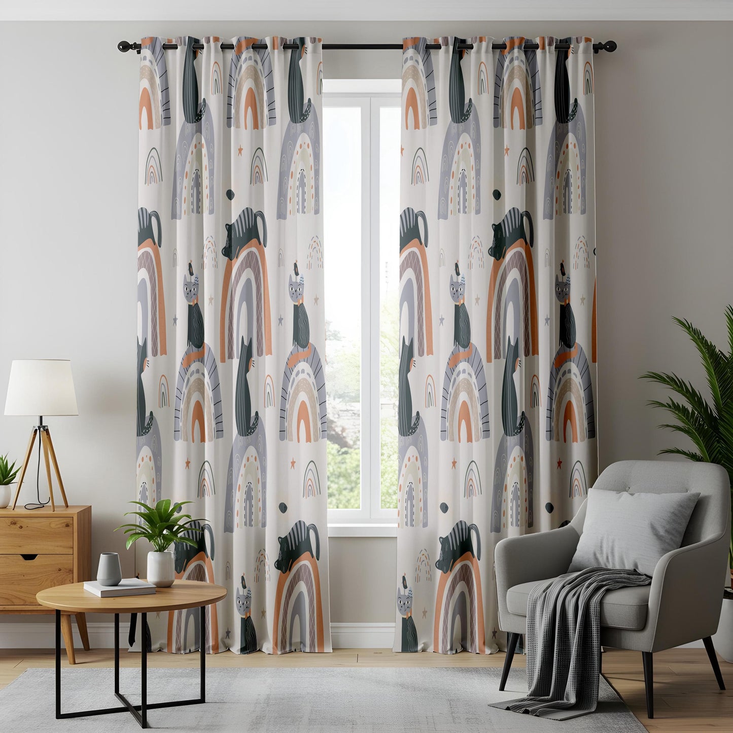 Onay Boho Rainbow Cat Print Nursery Curtains, Minimalist Animal Kids Window Drapes