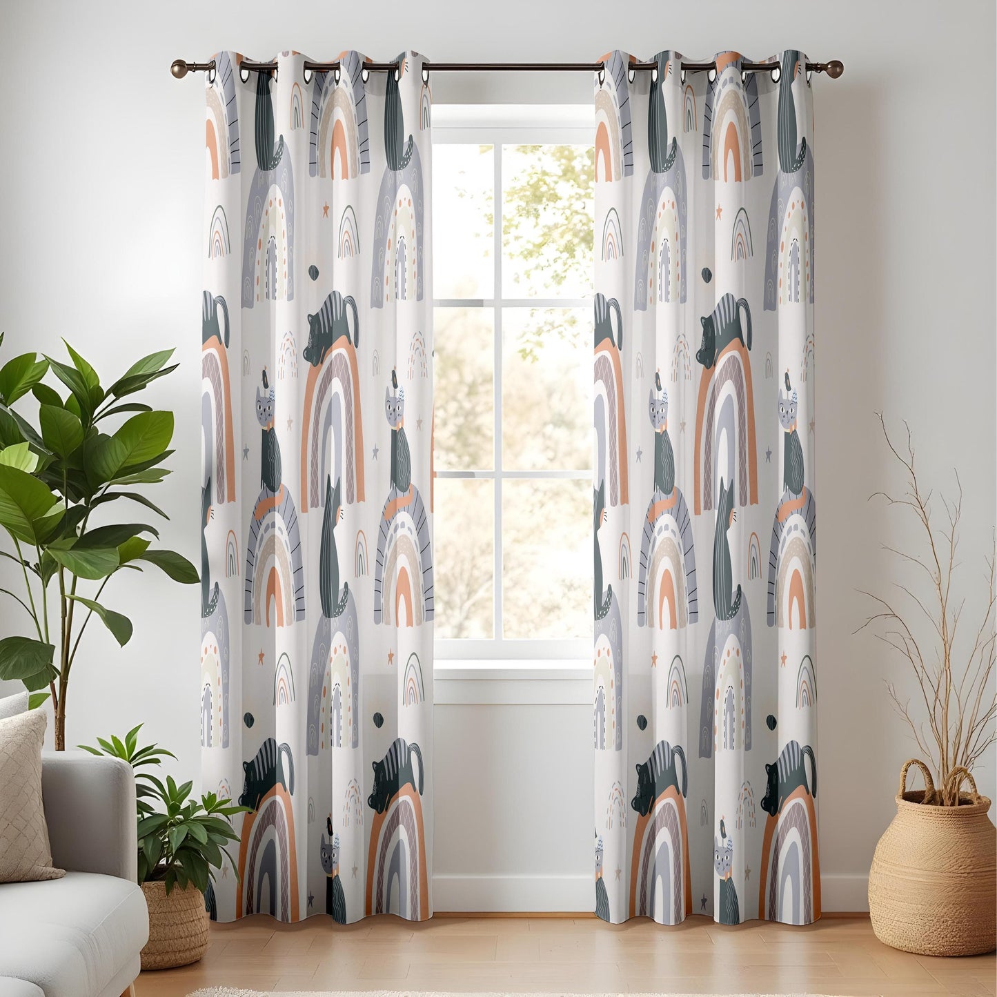 Onay Boho Rainbow Cat Print Nursery Curtains, Minimalist Animal Kids Window Drapes