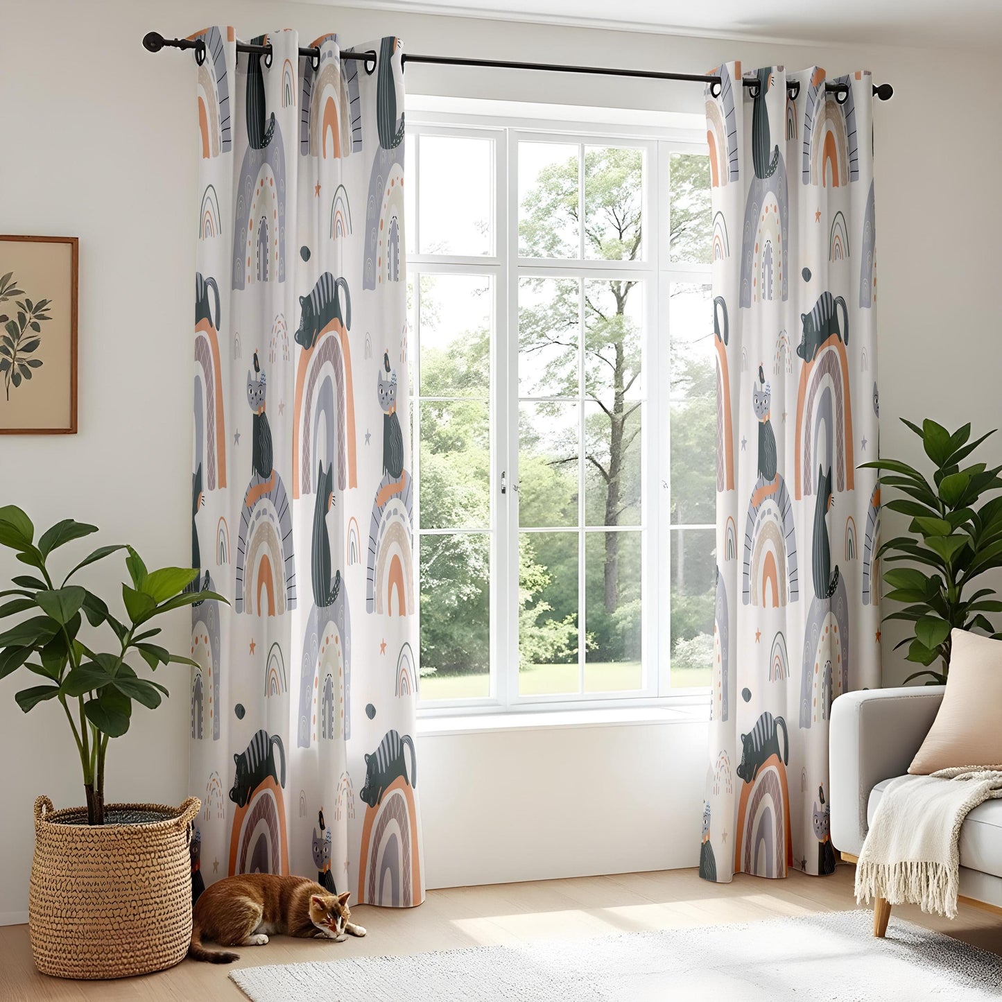 Onay Boho Rainbow Cat Print Nursery Curtains, Minimalist Animal Kids Window Drapes