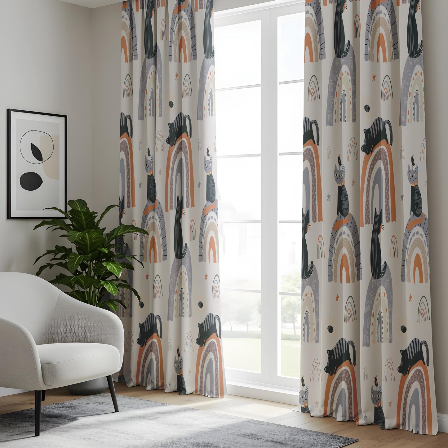 Onay Boho Rainbow Cat Print Nursery Curtains, Minimalist Animal Kids Window Drapes