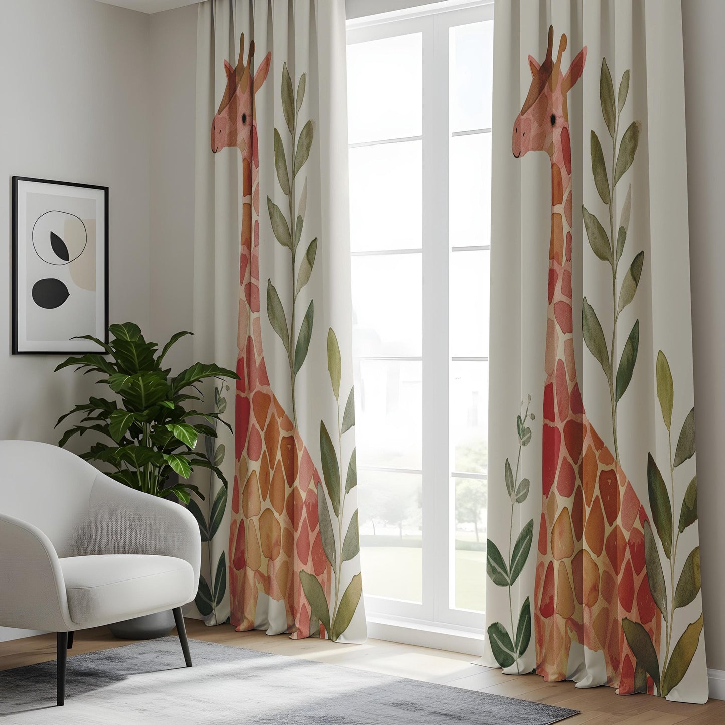 Onay Boho Safari Giraffe Curtains, Soft Watercolor Animal Print Drapes