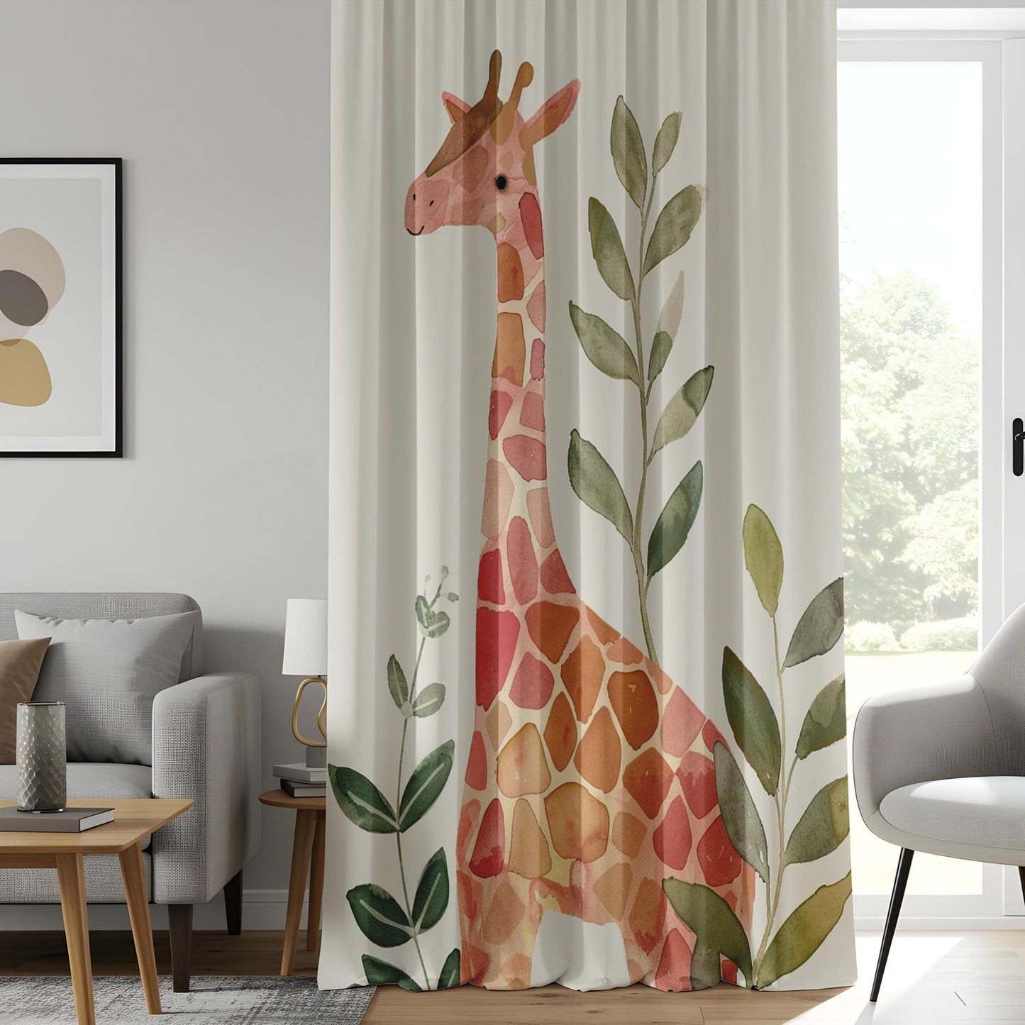 Onay Boho Safari Giraffe Curtains, Soft Watercolor Animal Print Drapes
