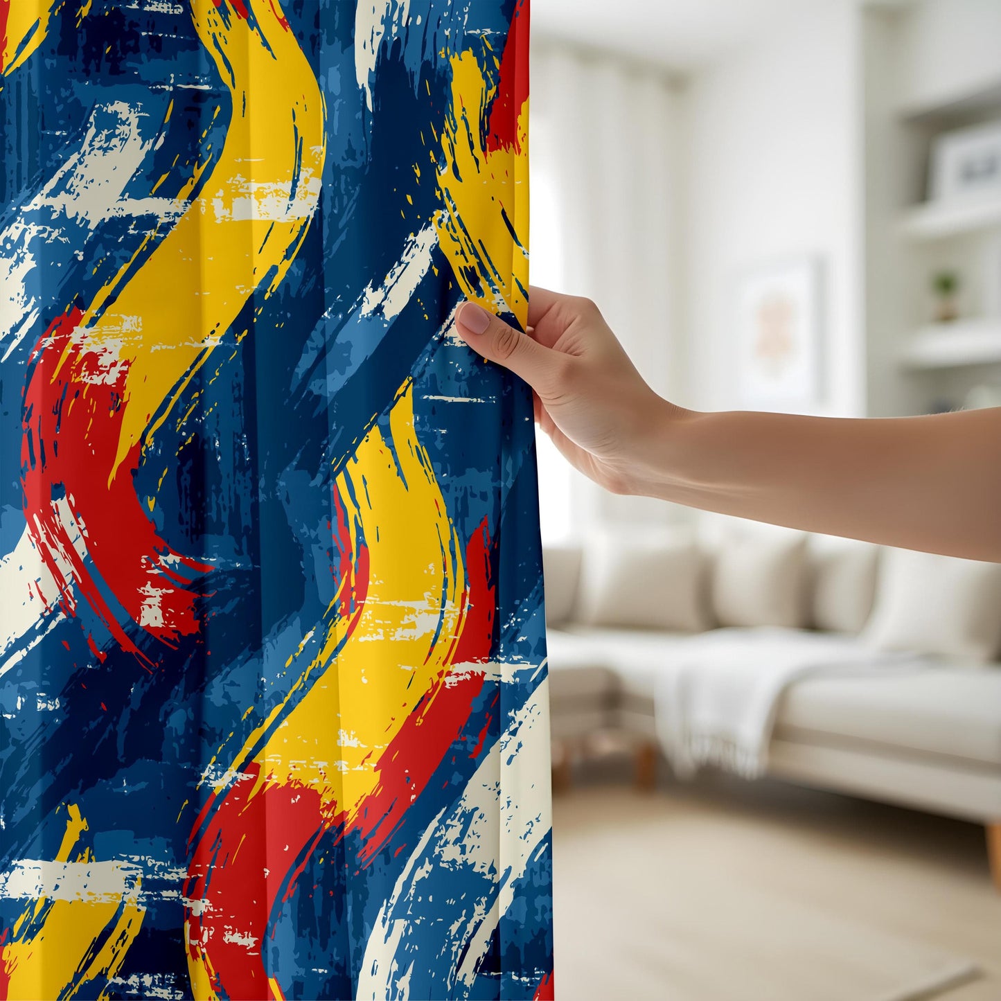 Onay Bold Abstract Brushstroke Curtains – Vibrant Red, Yellow & Blue Artistic Drapes