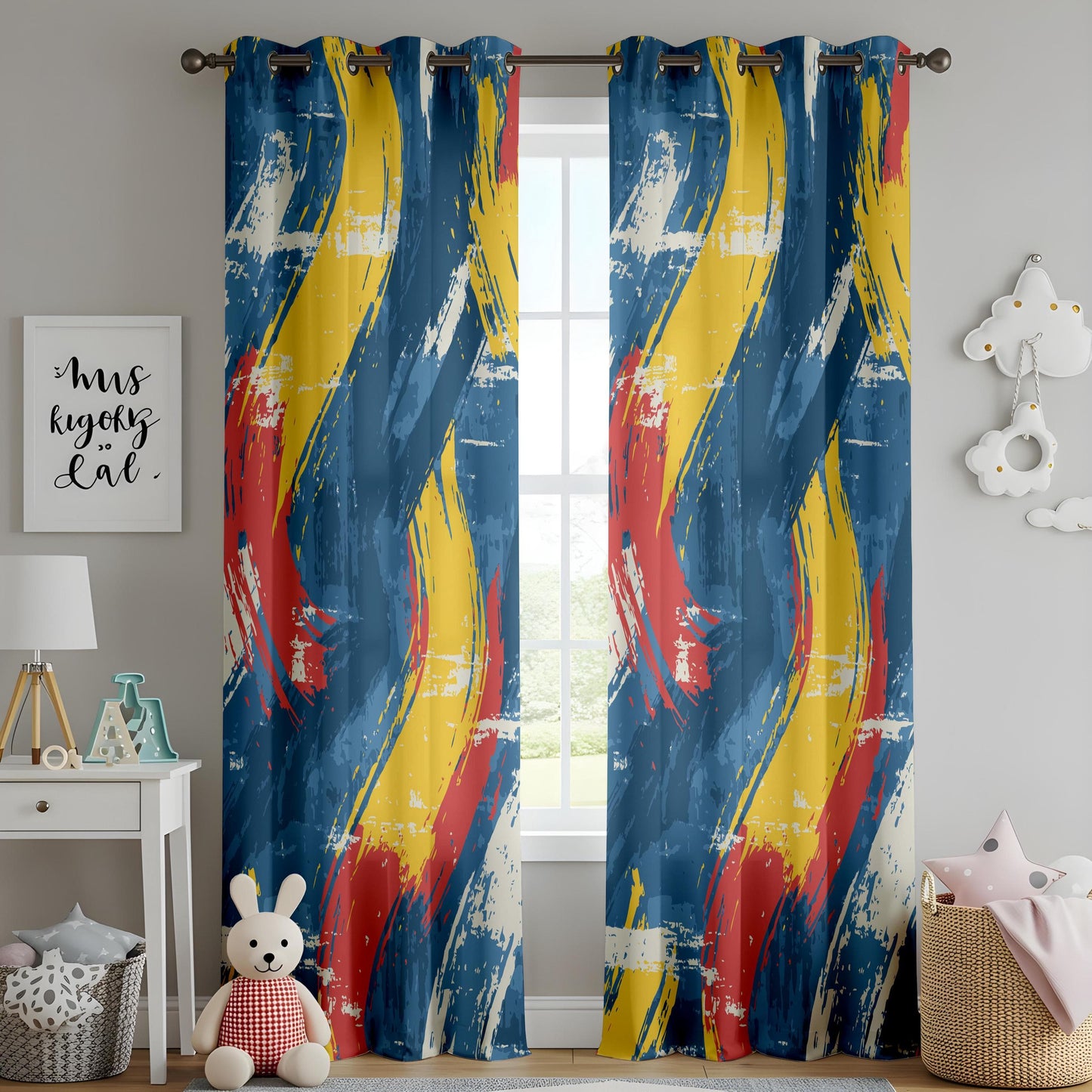 Onay Bold Abstract Brushstroke Curtains – Vibrant Red, Yellow & Blue Artistic Drapes