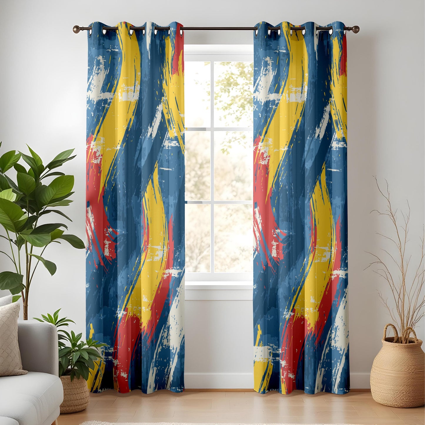 Onay Bold Abstract Brushstroke Curtains – Vibrant Red, Yellow & Blue Artistic Drapes