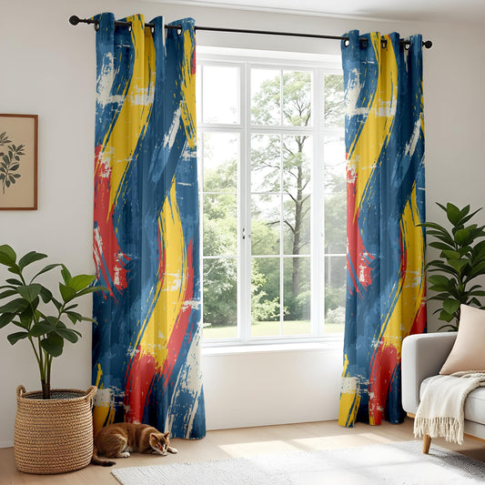 Onay Bold Abstract Brushstroke Curtains – Vibrant Red, Yellow & Blue Artistic Drapes