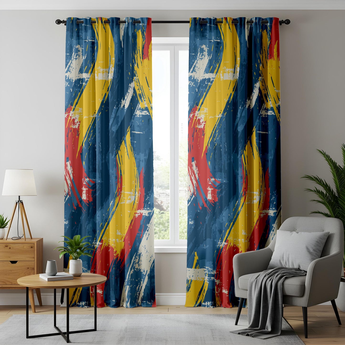 Onay Bold Abstract Brushstroke Curtains – Vibrant Red, Yellow & Blue Artistic Drapes