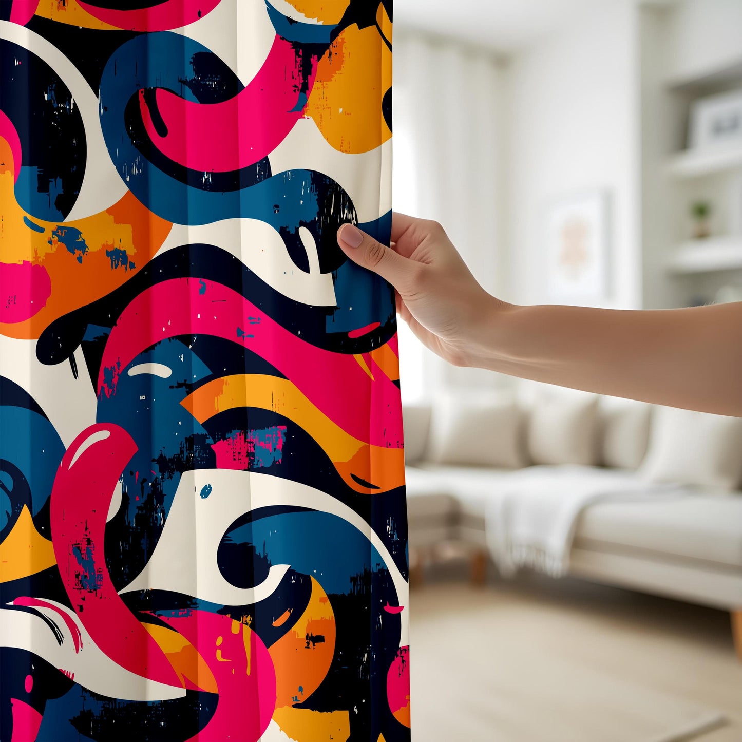 Onay Bold Abstract Wave Curtains – Colorful Graffiti-Inspired Drapes for Urban Modern Interiors