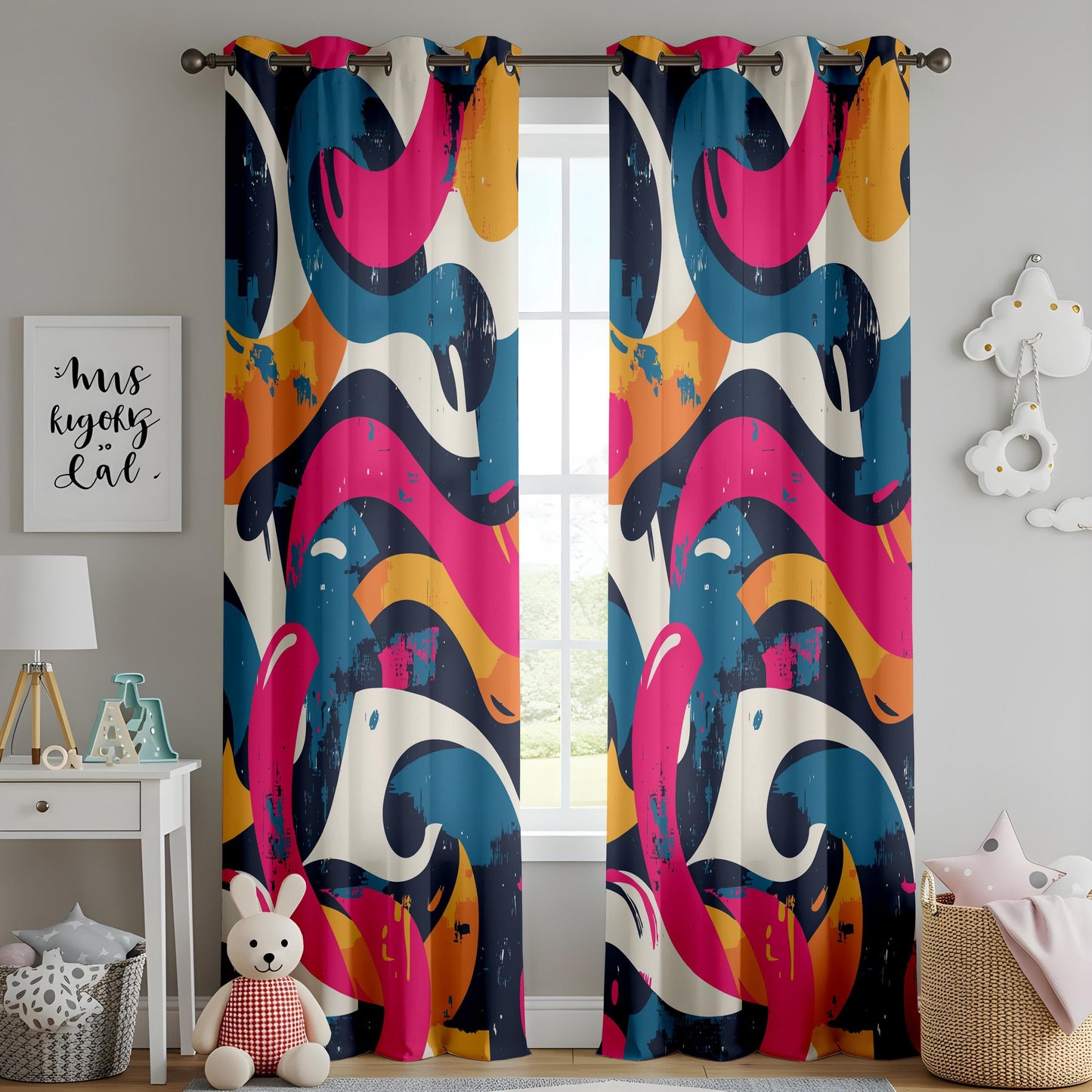 Onay Bold Abstract Wave Curtains – Colorful Graffiti-Inspired Drapes for Urban Modern Interiors