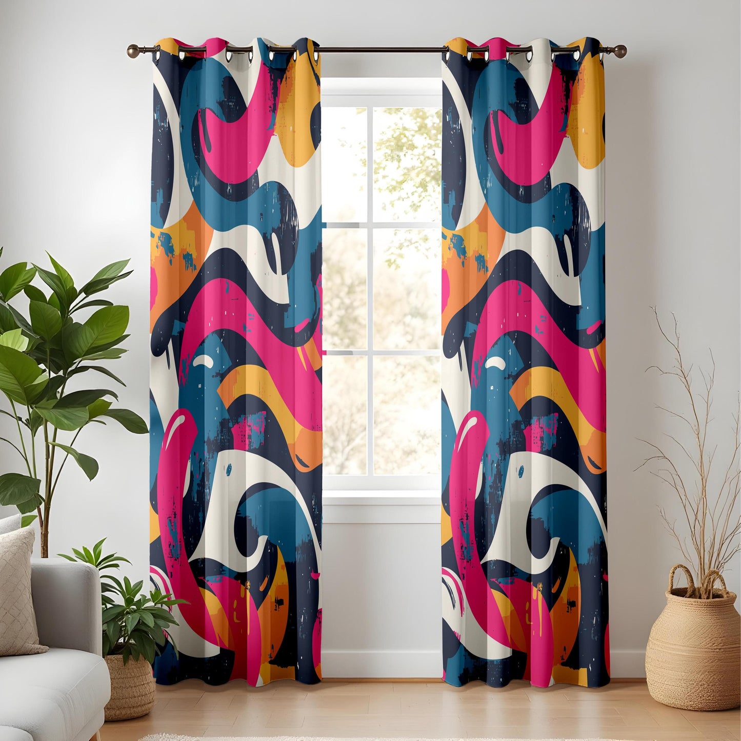 Onay Bold Abstract Wave Curtains – Colorful Graffiti-Inspired Drapes for Urban Modern Interiors