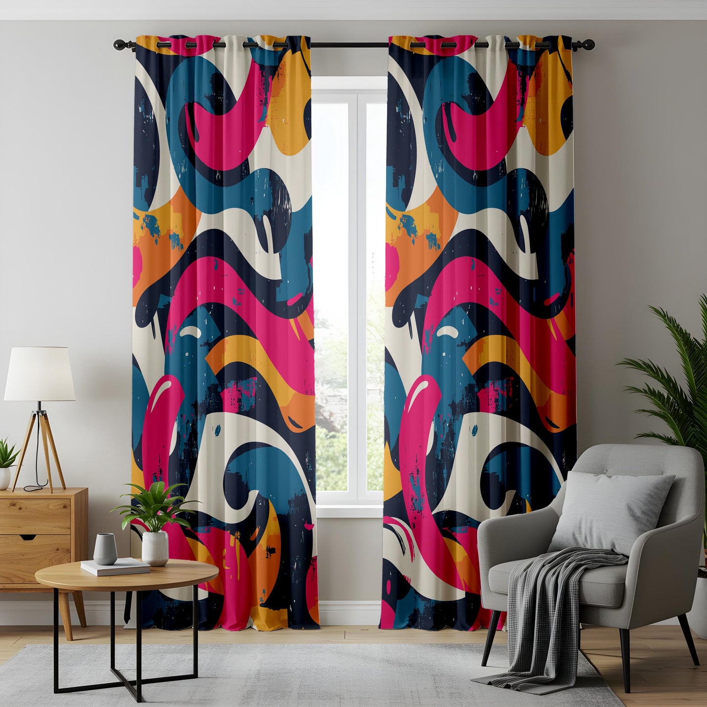 Onay Bold Abstract Wave Curtains – Colorful Graffiti-Inspired Drapes for Urban Modern Interiors