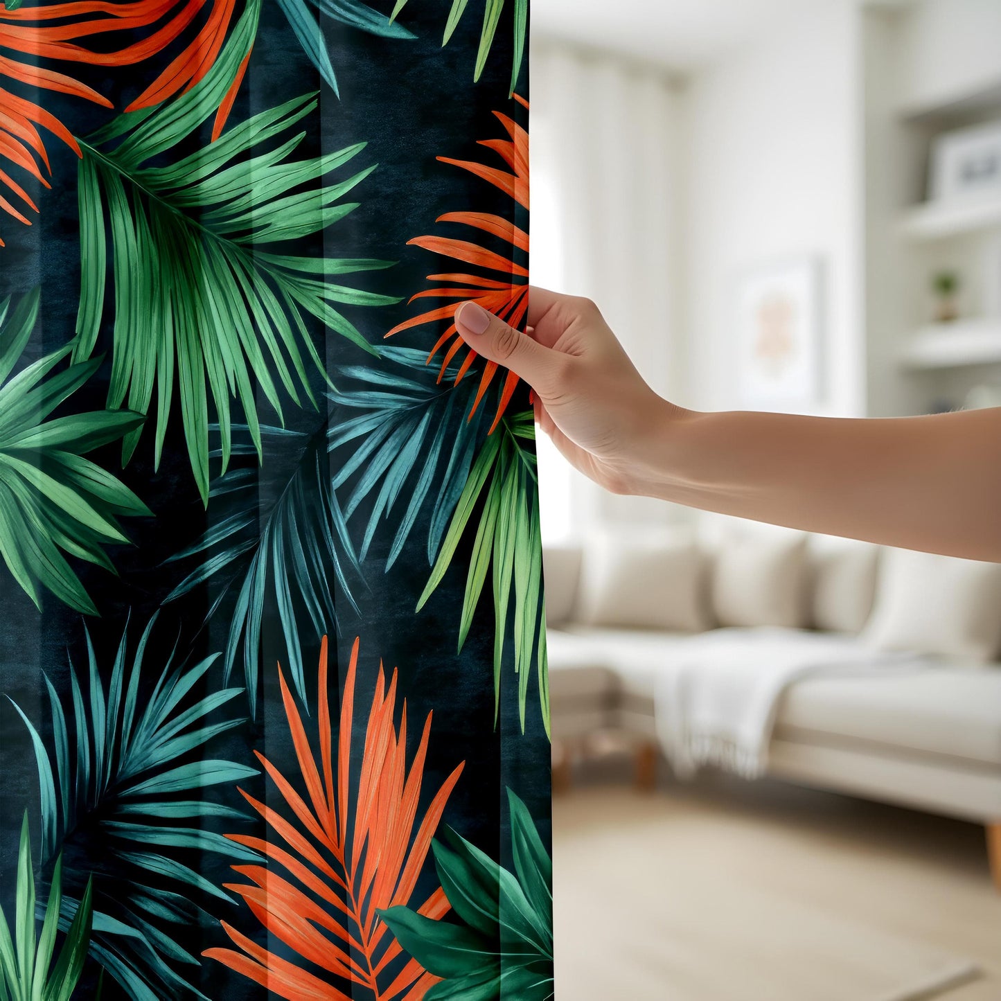 Onay Bold Botanical Window Curtains, Palm Leaves, Rich Jungle Theme Drapes