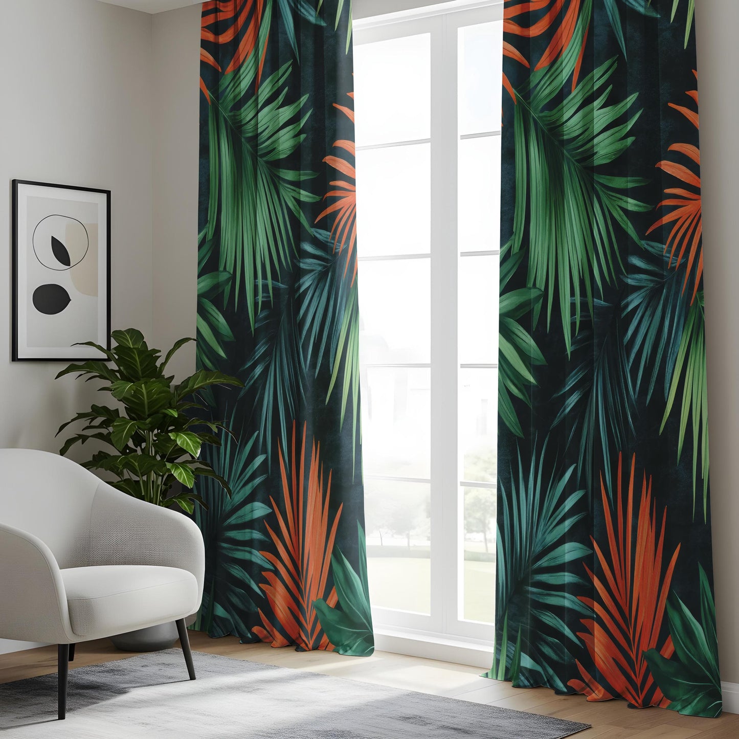 Onay Bold Botanical Window Curtains, Palm Leaves, Rich Jungle Theme Drapes