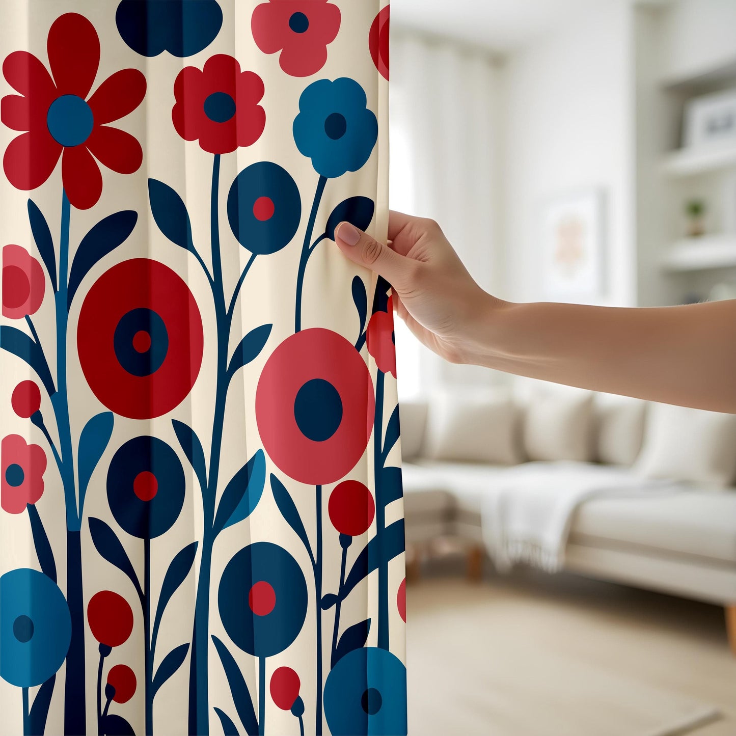Onay Bold Floral Curtains, Stylized Flower Patterns in Red and Blue