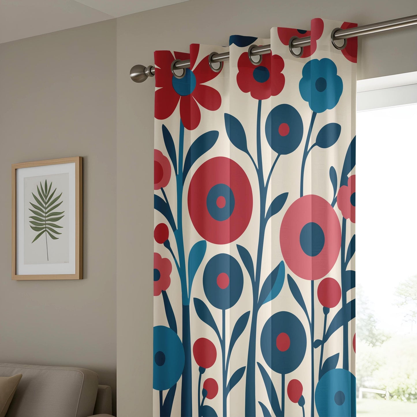 Onay Bold Floral Curtains, Stylized Flower Patterns in Red and Blue