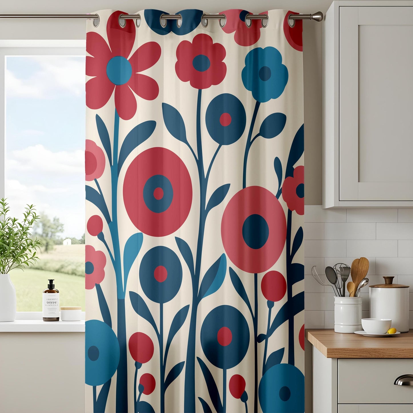 Onay Bold Floral Curtains, Stylized Flower Patterns in Red and Blue
