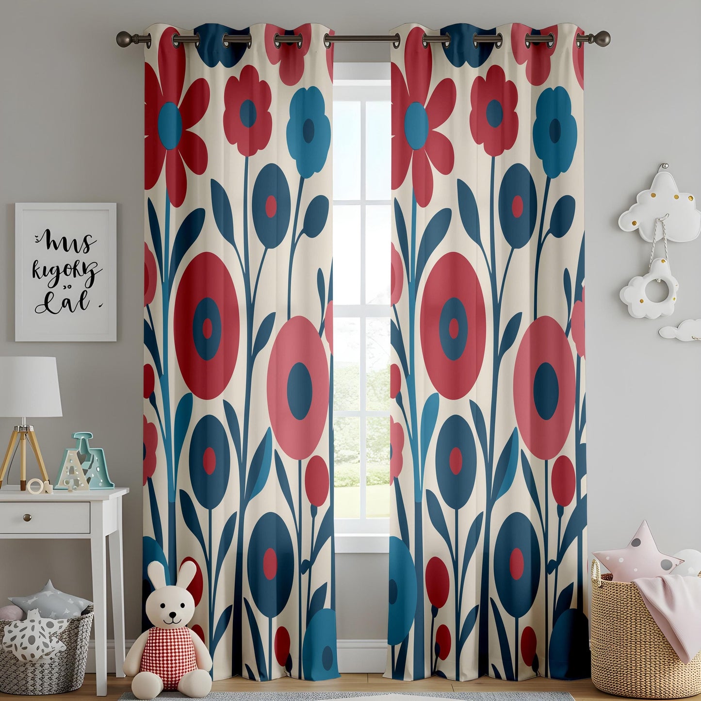 Onay Bold Floral Curtains, Stylized Flower Patterns in Red and Blue