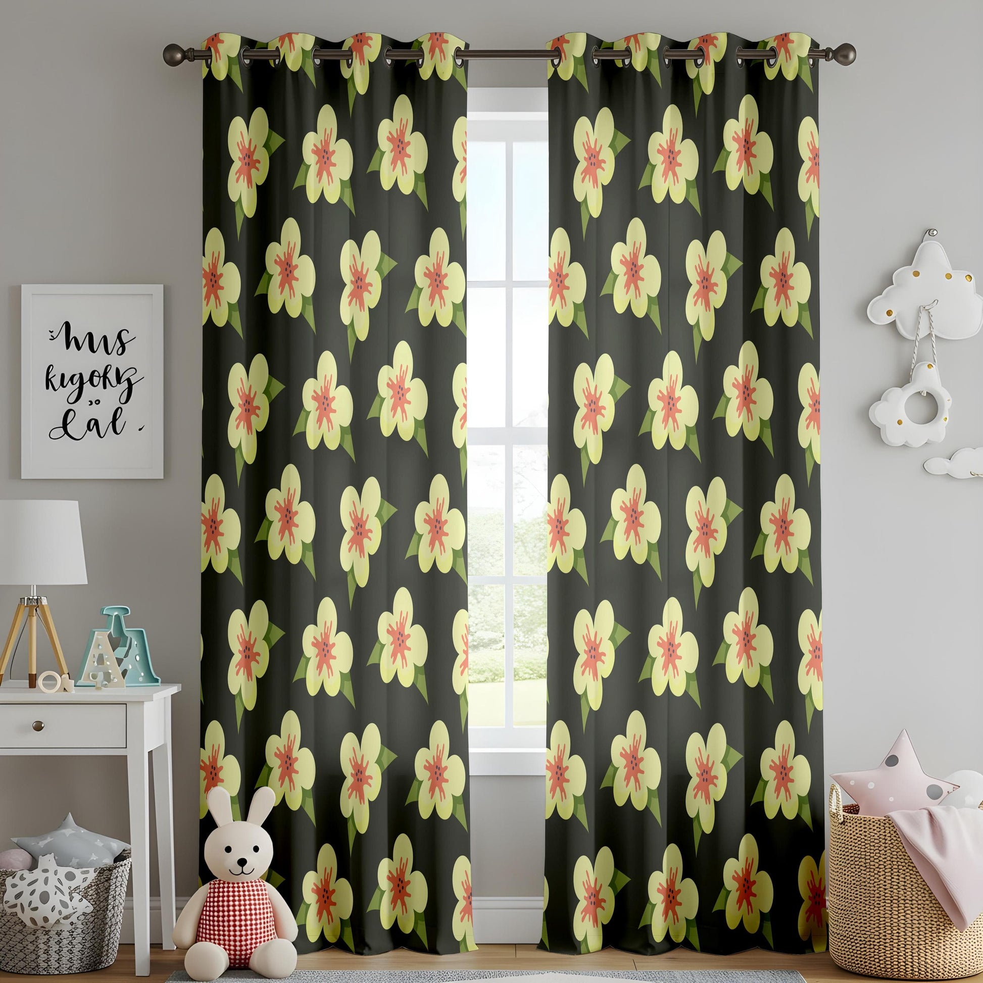 Onay Bold Floral Living Room Curtains, Retro Yellow and Coral Flowers