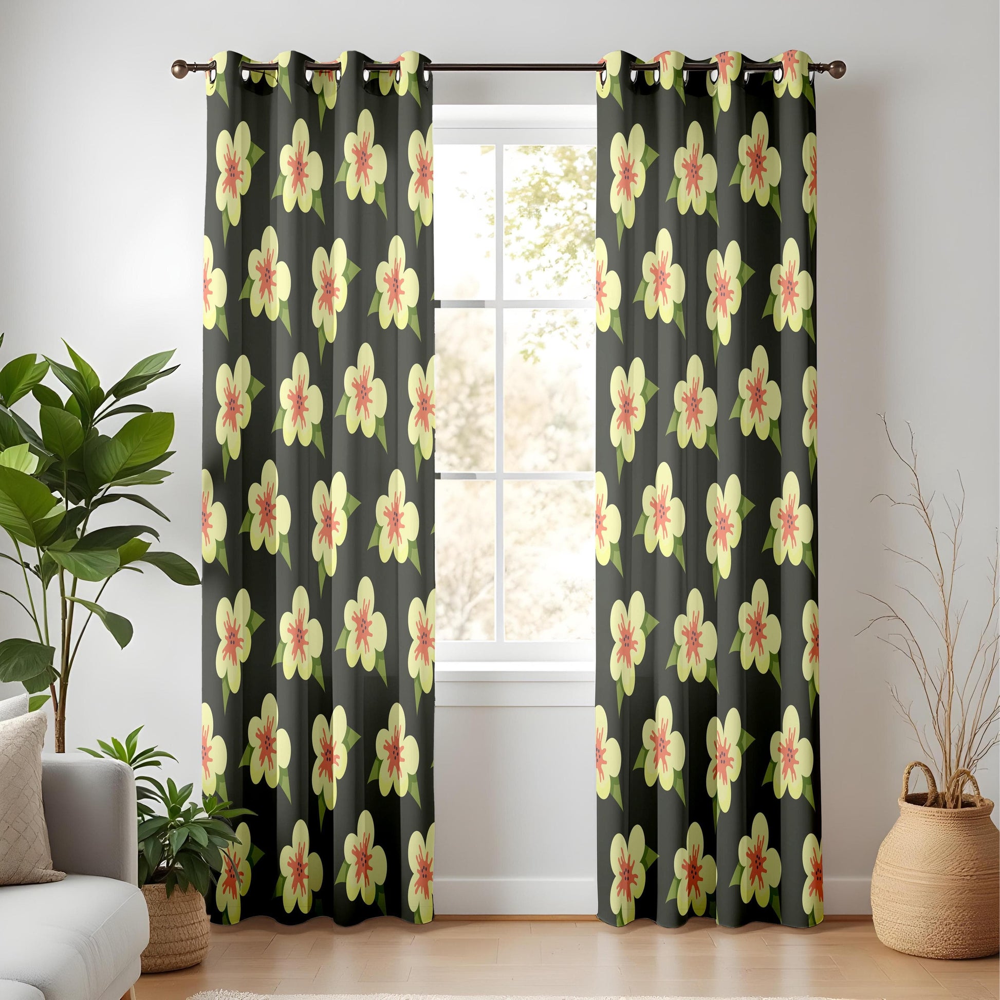 Onay Bold Floral Living Room Curtains, Retro Yellow and Coral Flowers