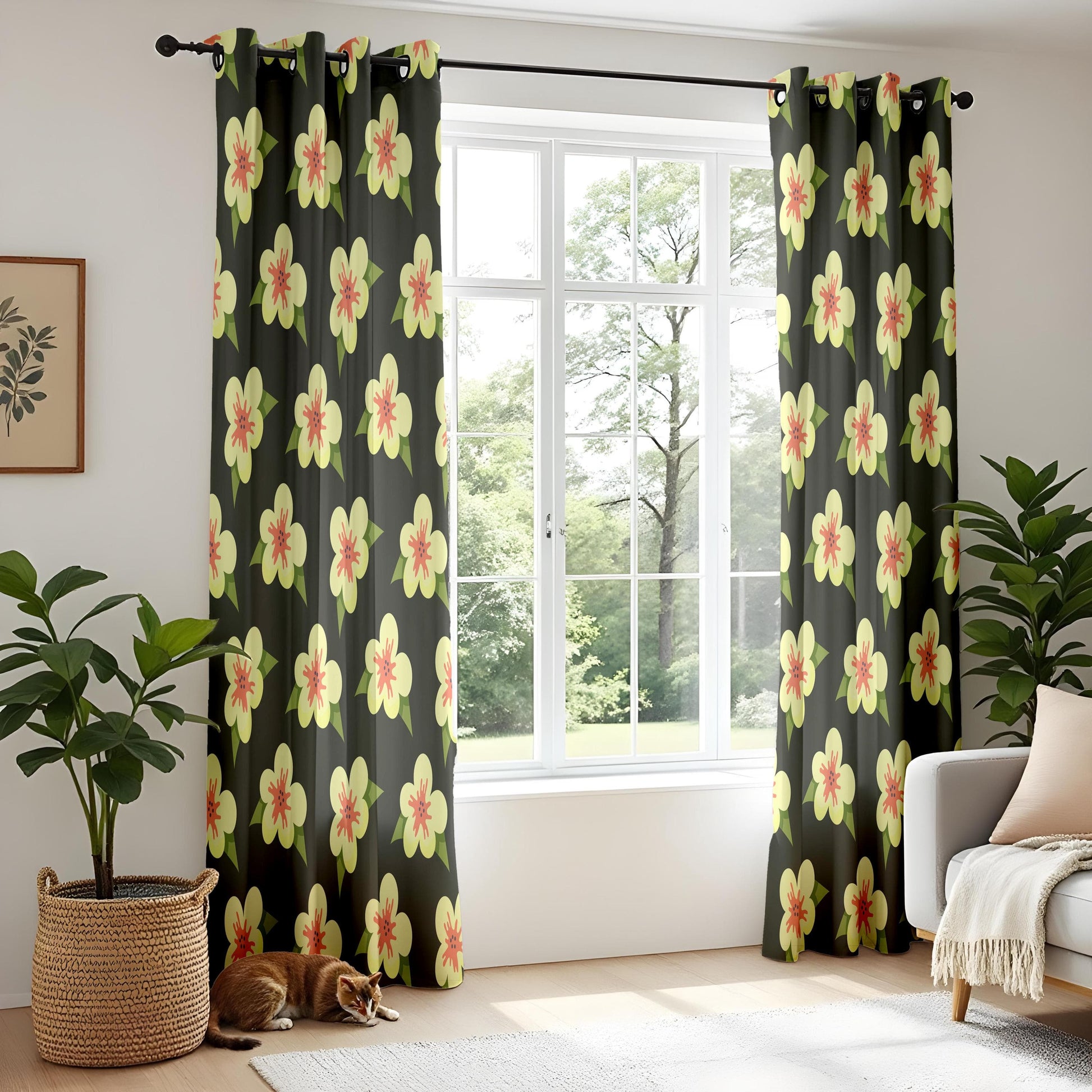 Onay Bold Floral Living Room Curtains, Retro Yellow and Coral Flowers