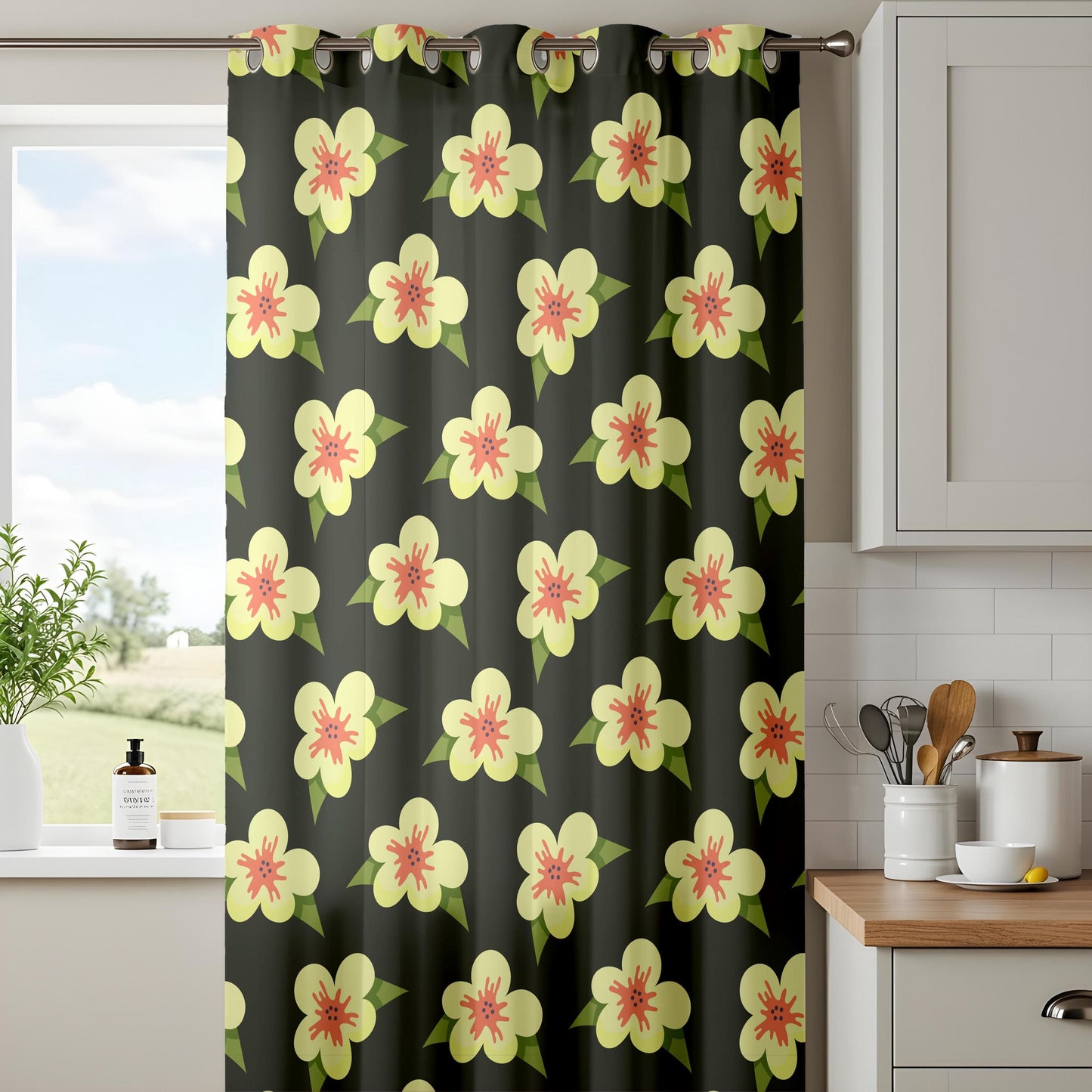 Onay Bold Floral Living Room Curtains, Retro Yellow and Coral Flowers