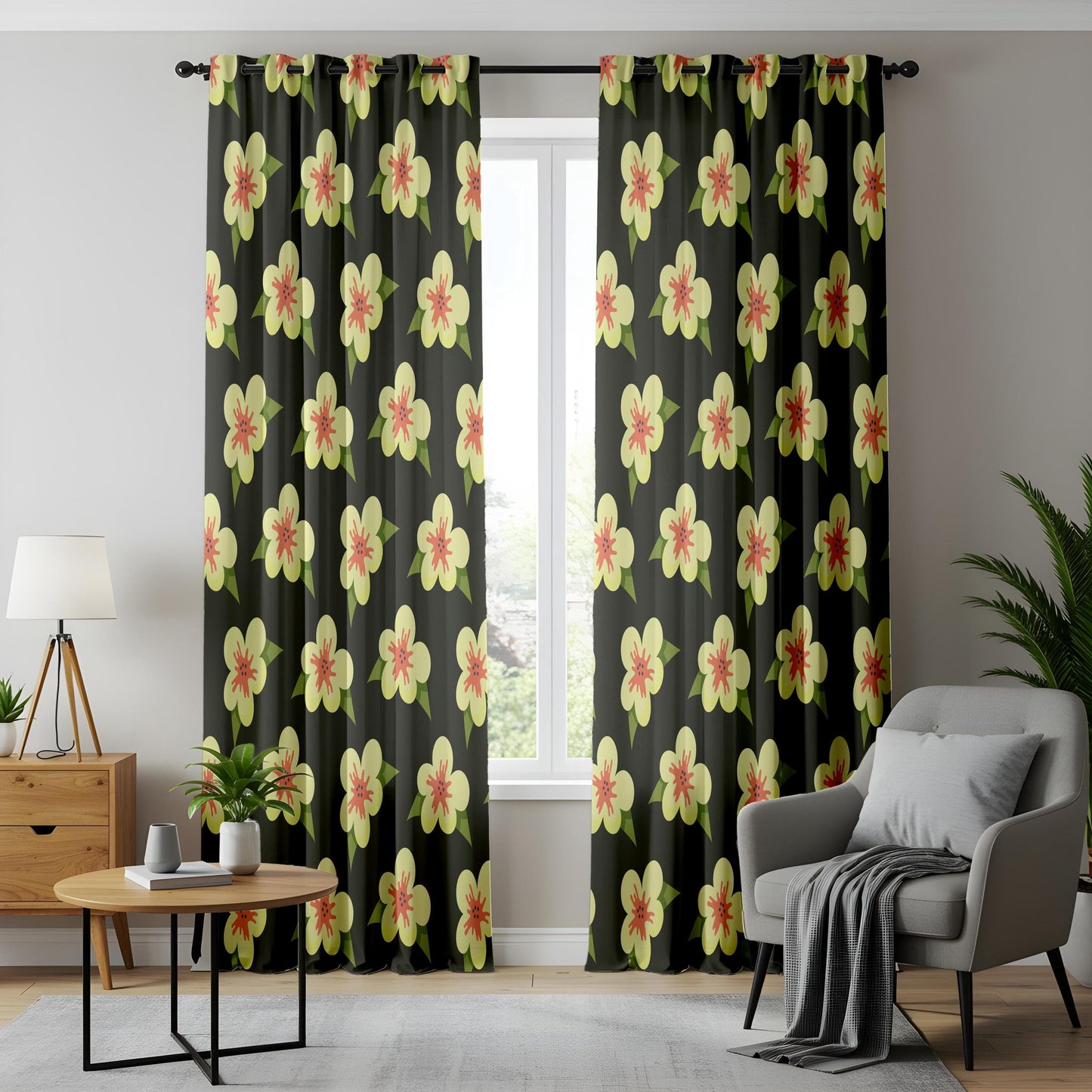 Onay Bold Floral Living Room Curtains, Retro Yellow and Coral Flowers