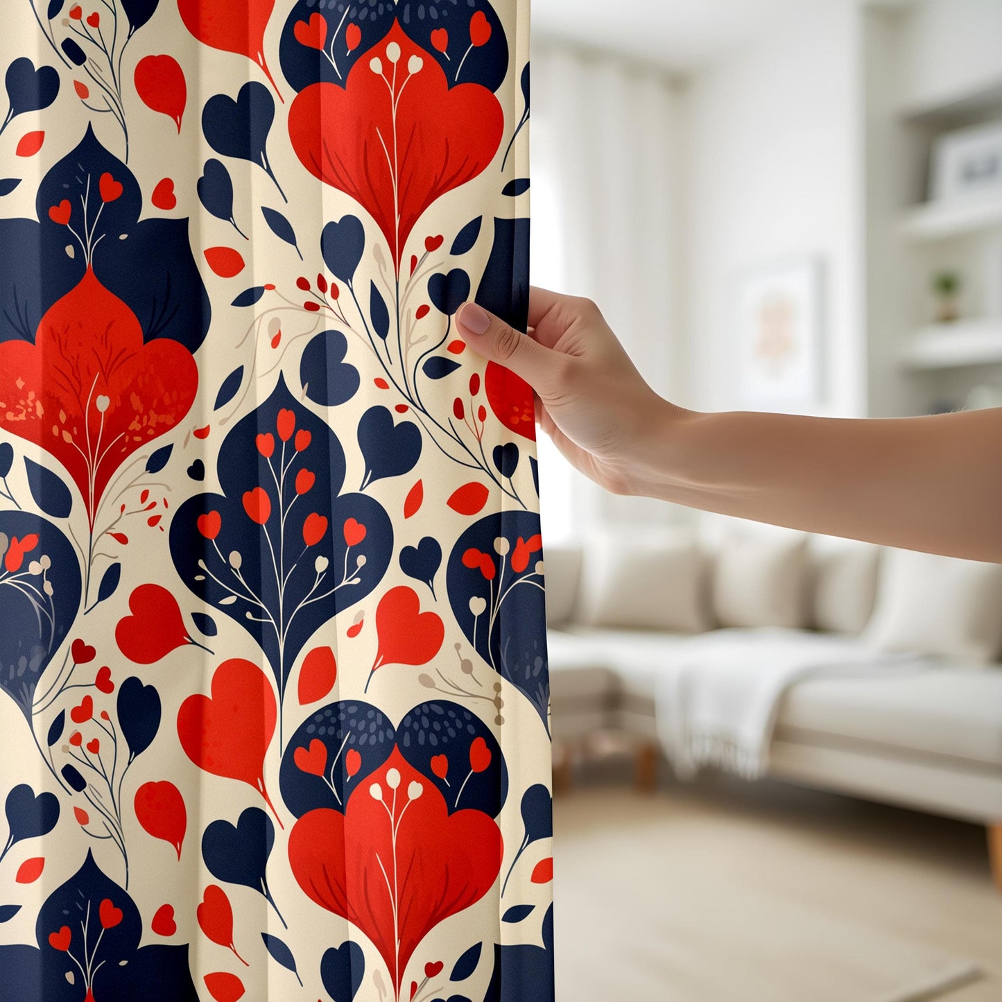 Onay Bold Floral Print Curtains, Red and Navy Blue Drapes, Elegant Home Decor
