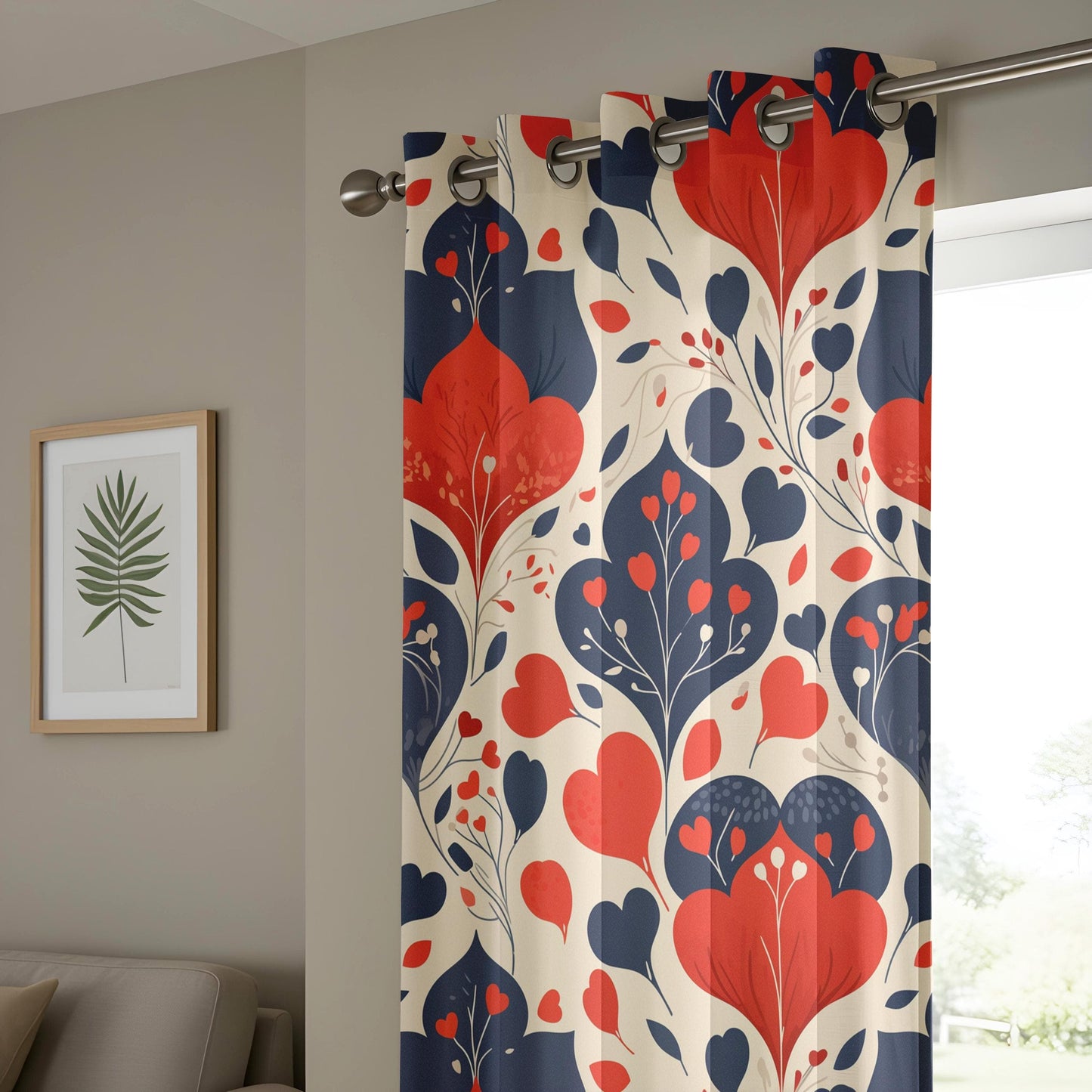 Onay Bold Floral Print Curtains, Red and Navy Blue Drapes, Elegant Home Decor