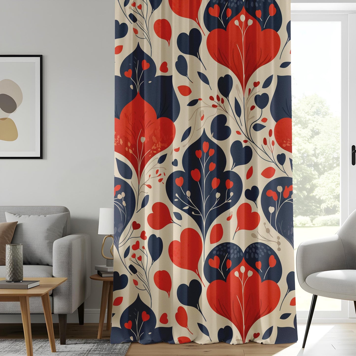 Onay Bold Floral Print Curtains, Red and Navy Blue Drapes, Elegant Home Decor