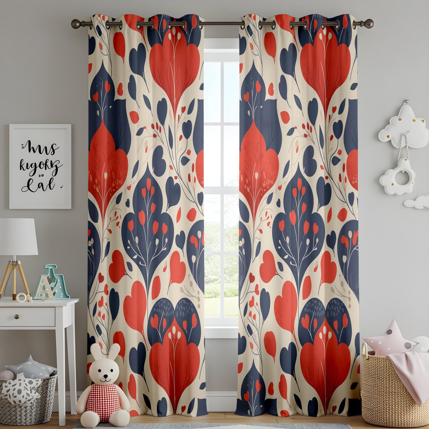 Onay Bold Floral Print Curtains, Red and Navy Blue Drapes, Elegant Home Decor