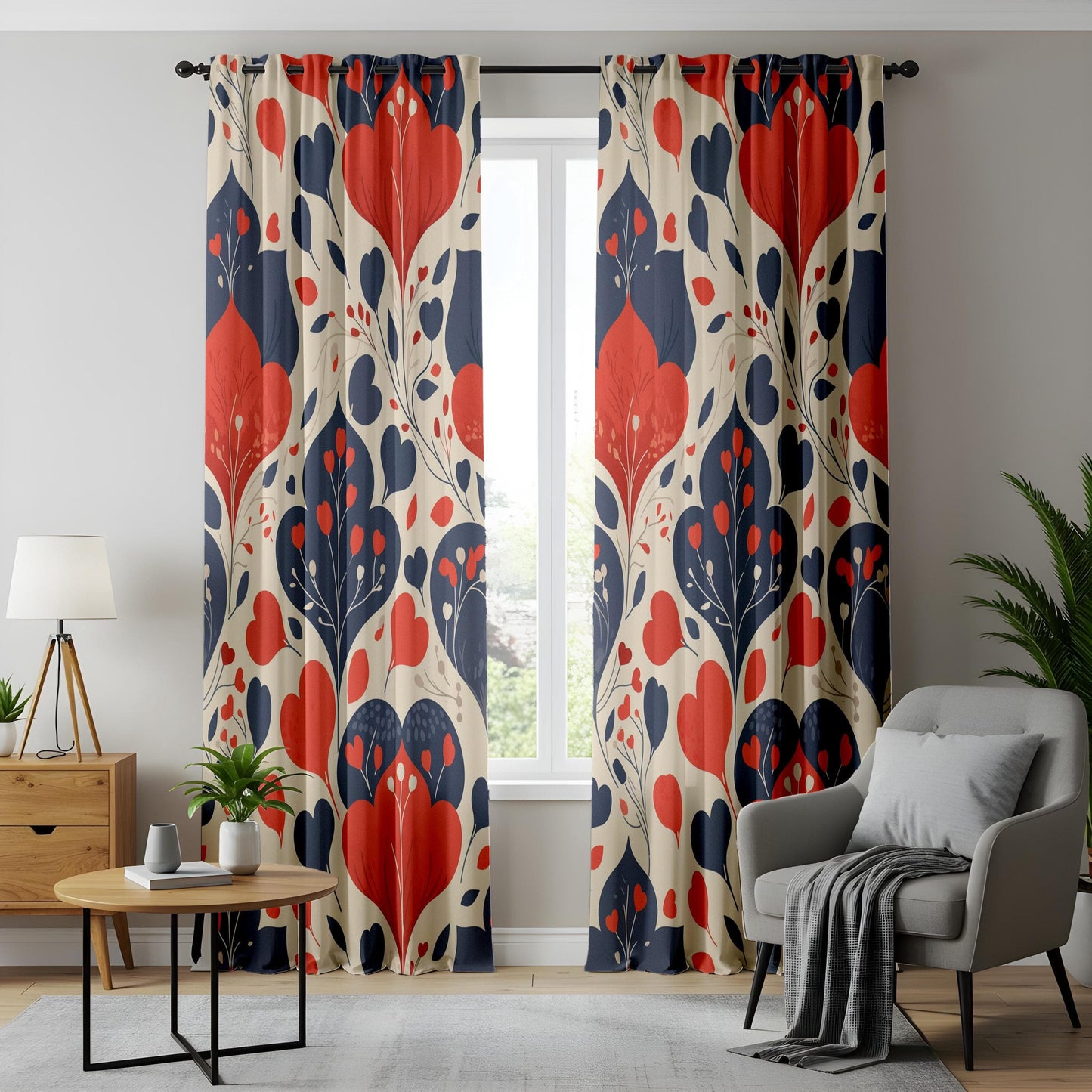 Onay Bold Floral Print Curtains, Red and Navy Blue Drapes, Elegant Home Decor