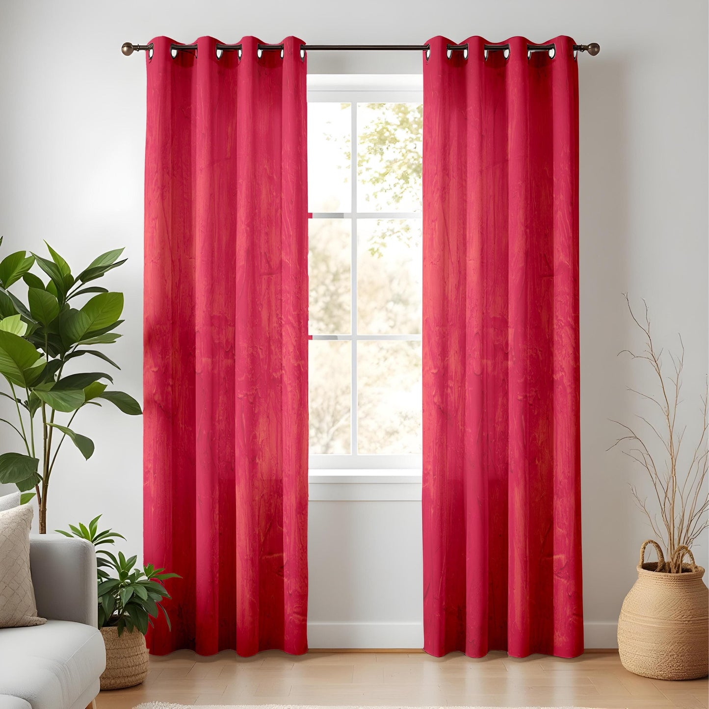 Onay Bold Red Textured Curtains, Modern Abstract Window Drapes, Vibrant Home Decor